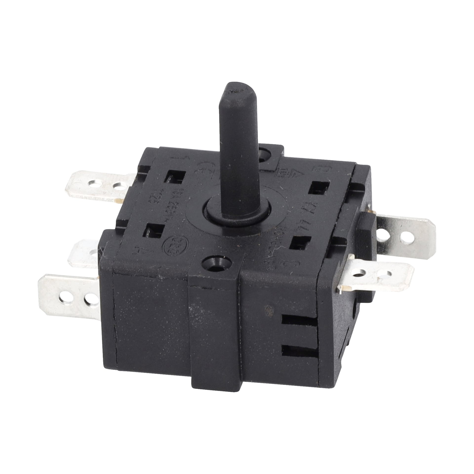 Strömbrytare F. 013435, en svart roterande brytare, har en central axel och sex metallterminaler för elektriska anslutningar.