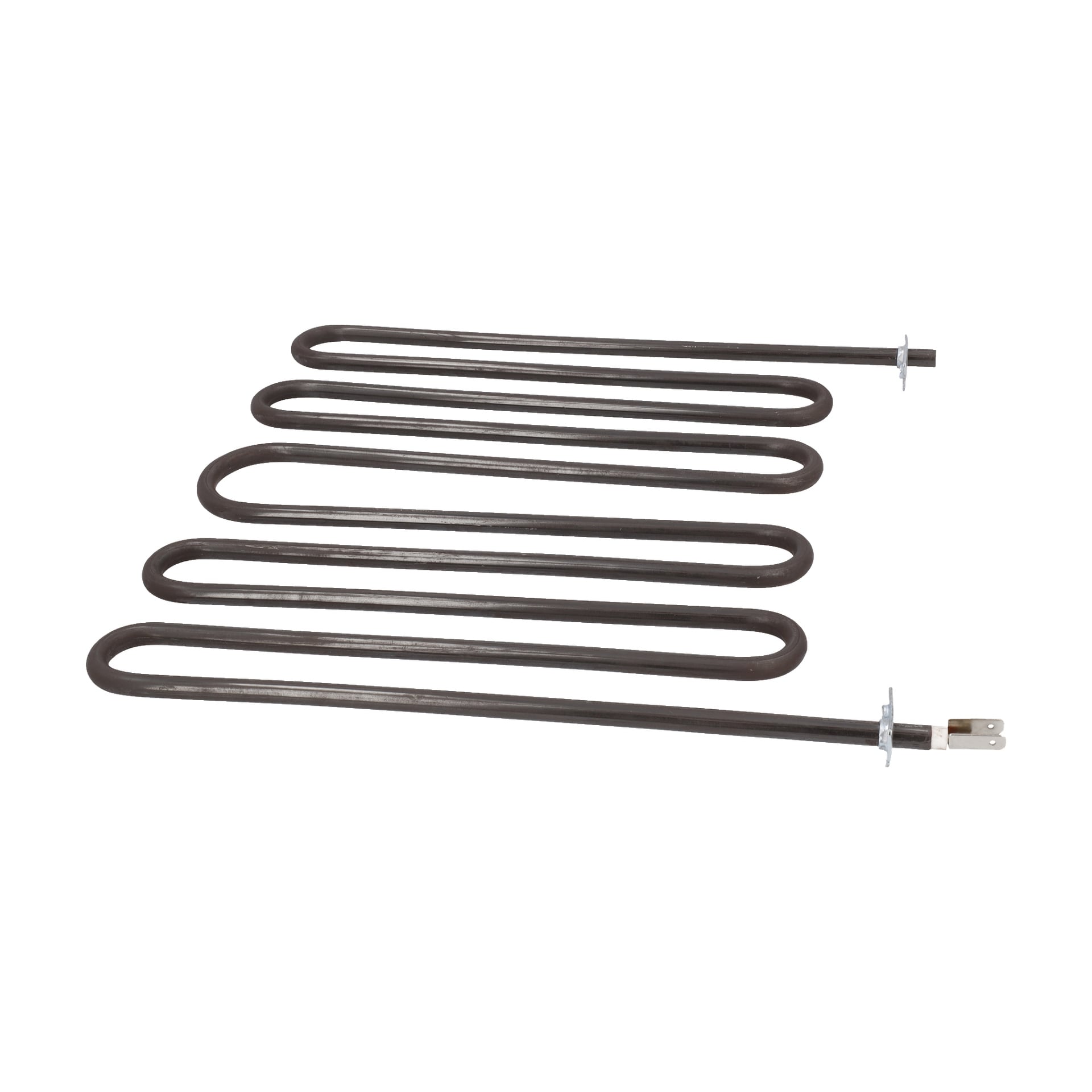 Element F. 013517 metallvärmeelement med platt, serpentinform och monteringsfästen i varje ände.