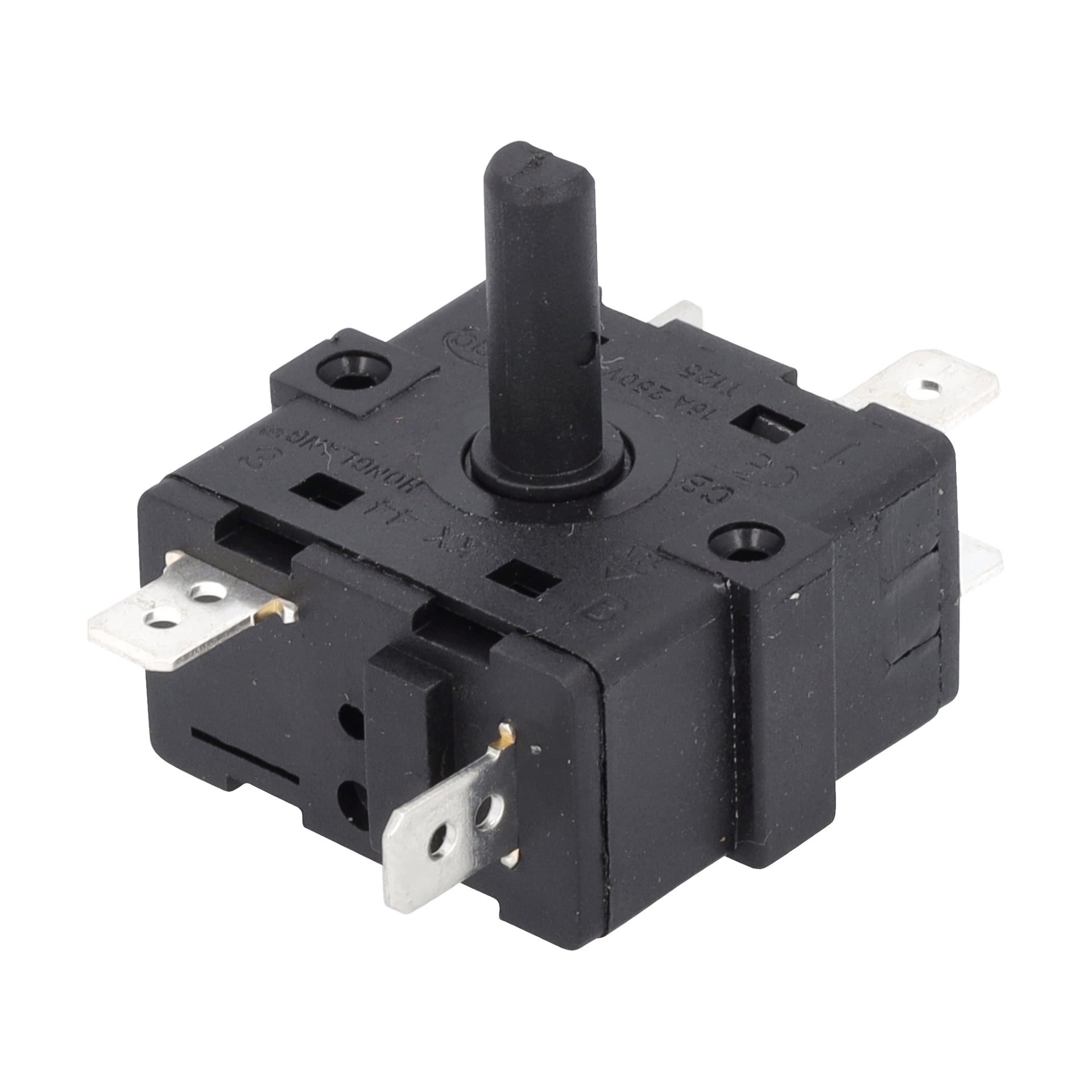 Power Switch F. 013435 är en svart roterande brytare med en central vertikal axel och sex metallterminaler.