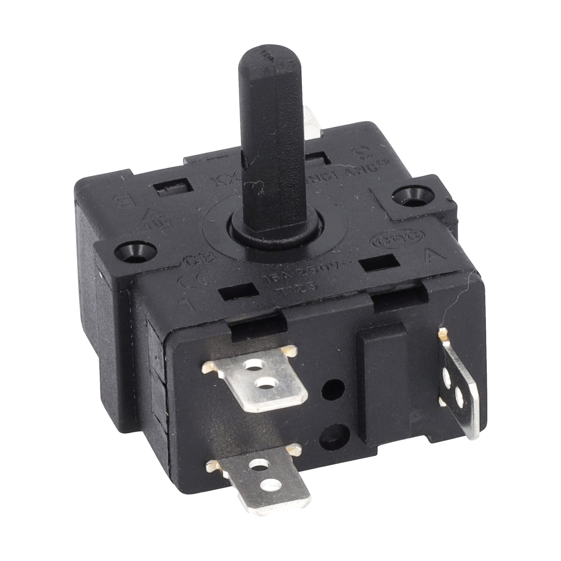 Power Switch F. 013435 är en svart roterande brytare med en central ratt, fyra metallterminaler, hörnfästningshål och ytmärkning.