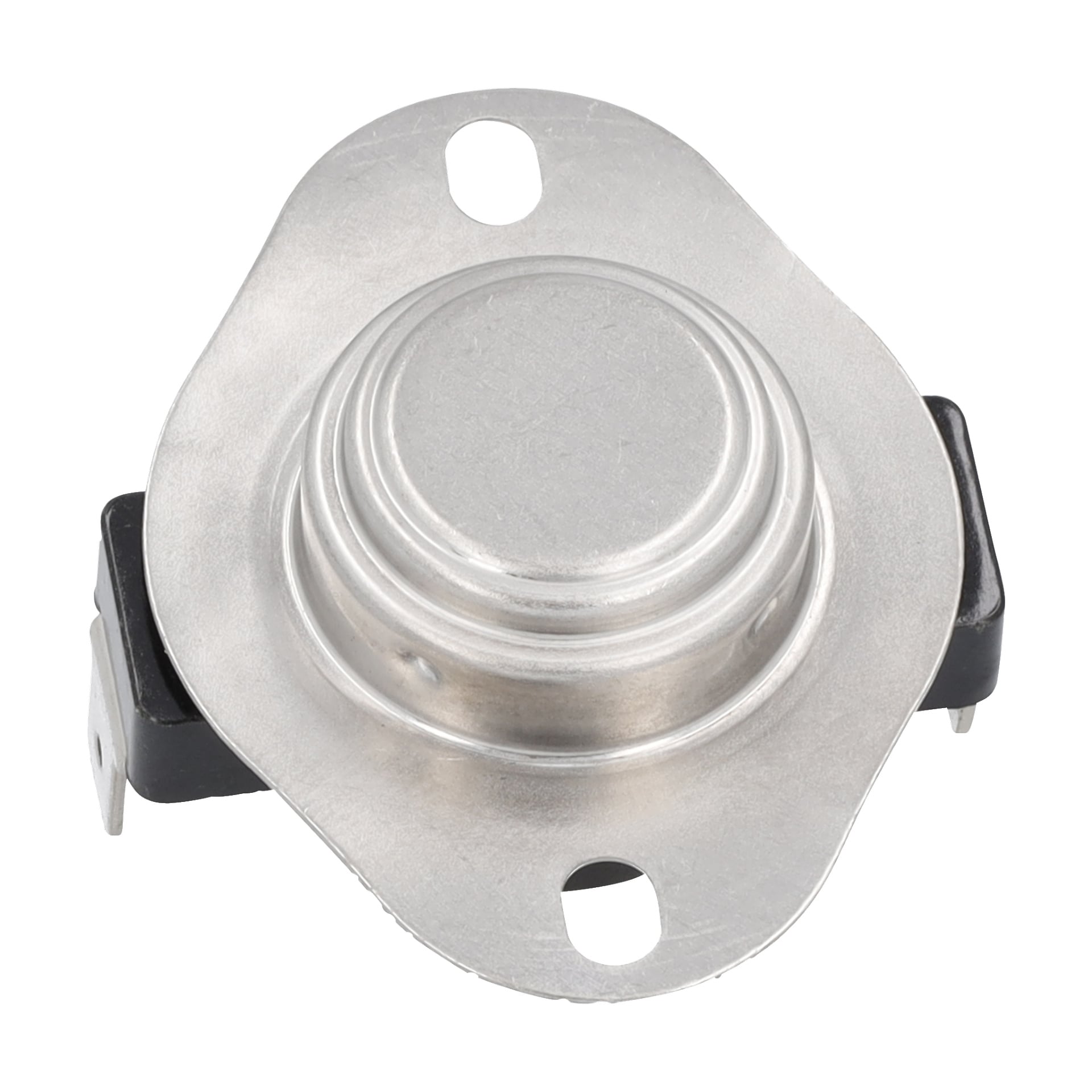 Närbild av Overheat Protection F. 013435, en rund metalltermostatbrytare med två monteringshål och två terminaler på en svart bas.