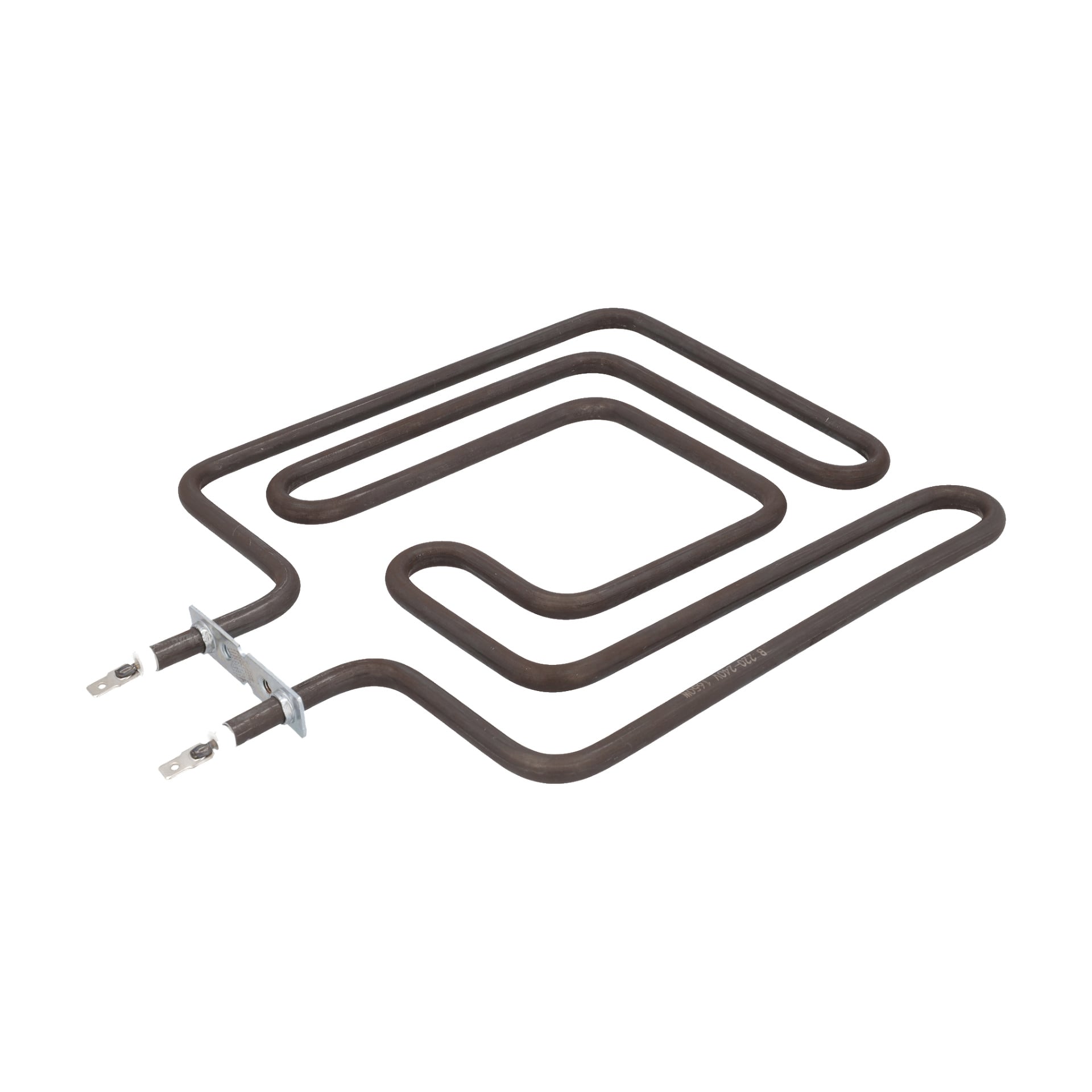 Element F. 013435 är ett platt, zickzackformat metallvärmeelement med två elektriska anslutningar i ena änden.