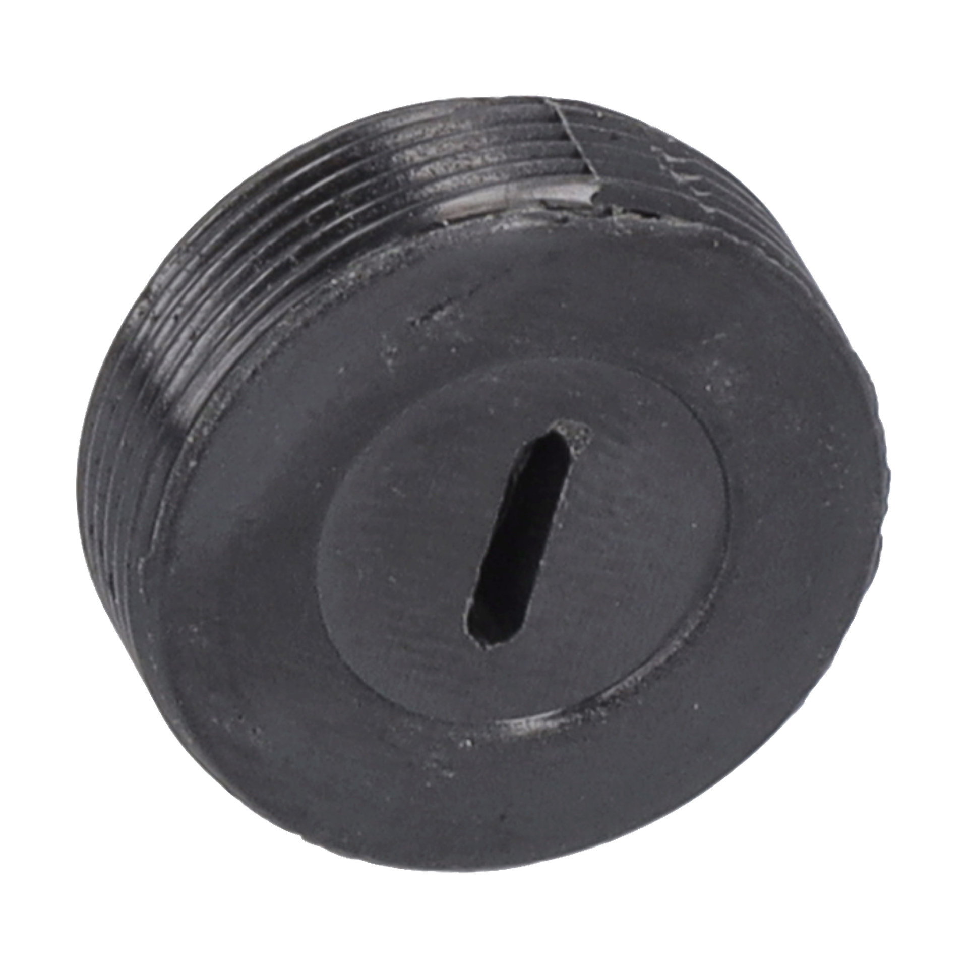 Svart, rund plastlock F. 017523 med gängning, central platt spår och en lätt texturerad yta som visar mindre slitage.