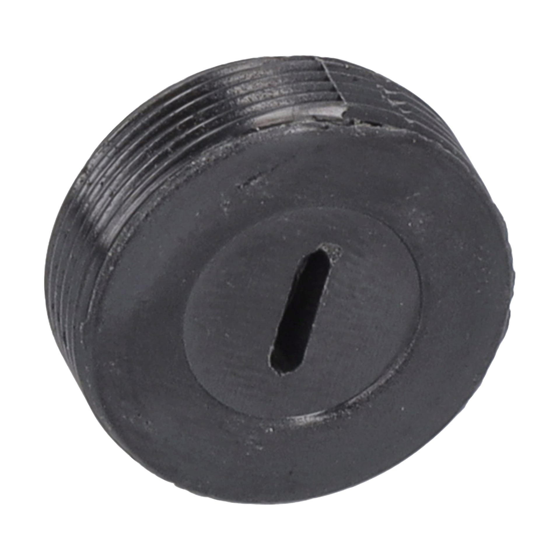 Svart, rund plastlock F. 017523 med gängning, central platt spår och en lätt texturerad yta som visar mindre slitage.