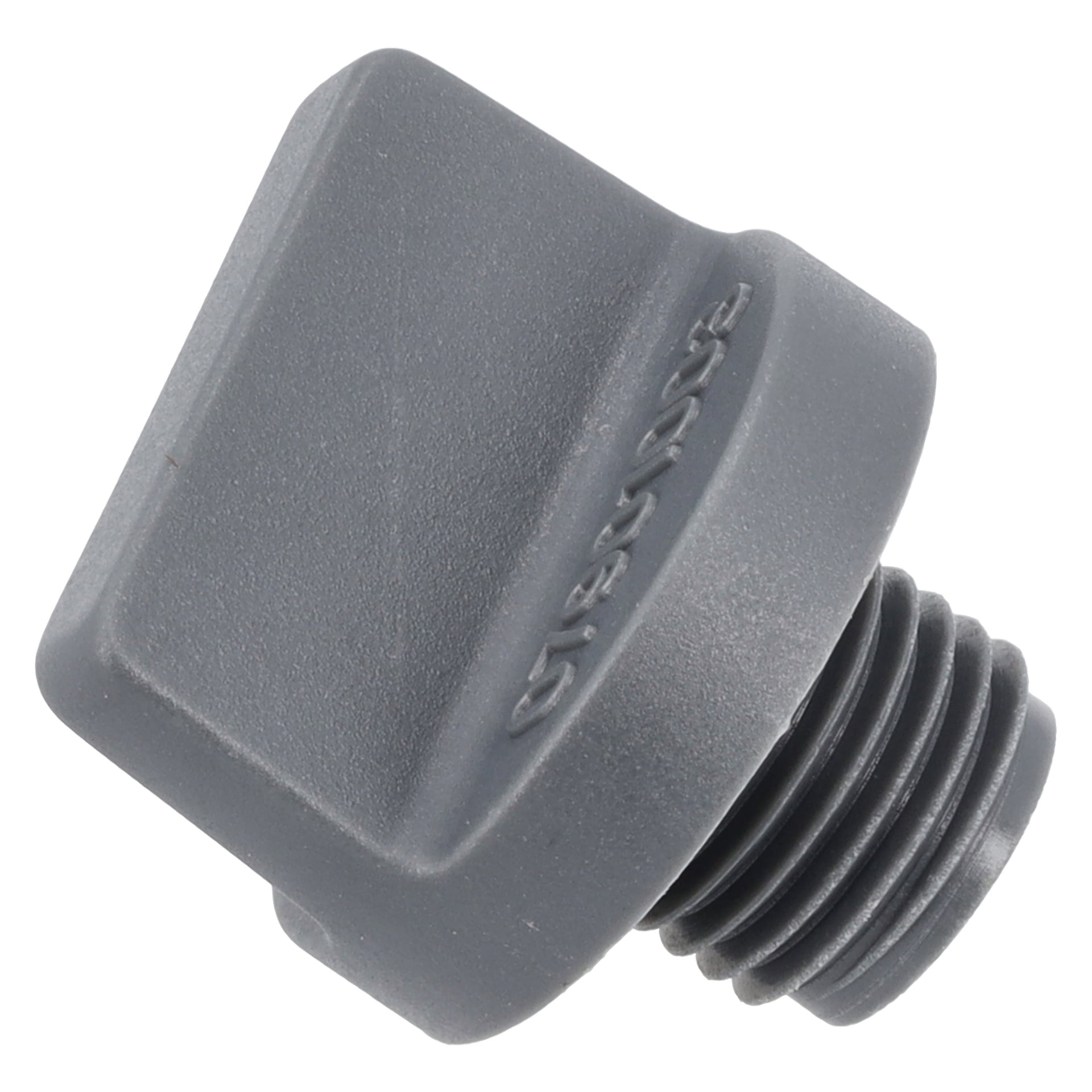 Närbild av Drain Plug F. 015255, en grå plastplugg med fyrkantigt huvud och gängad ände, placerad i vinkel.