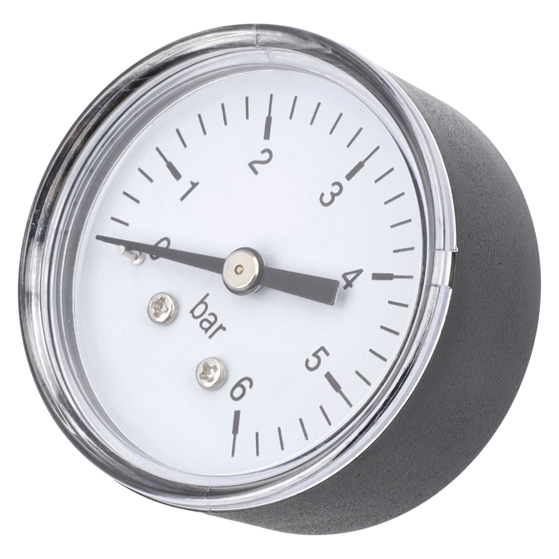 Tryckmätarhydroforpump med rund analog display, vit skiva, svarta 0–6 siffror, två nålar på 0 och 2, stångetikett, glasskydd.