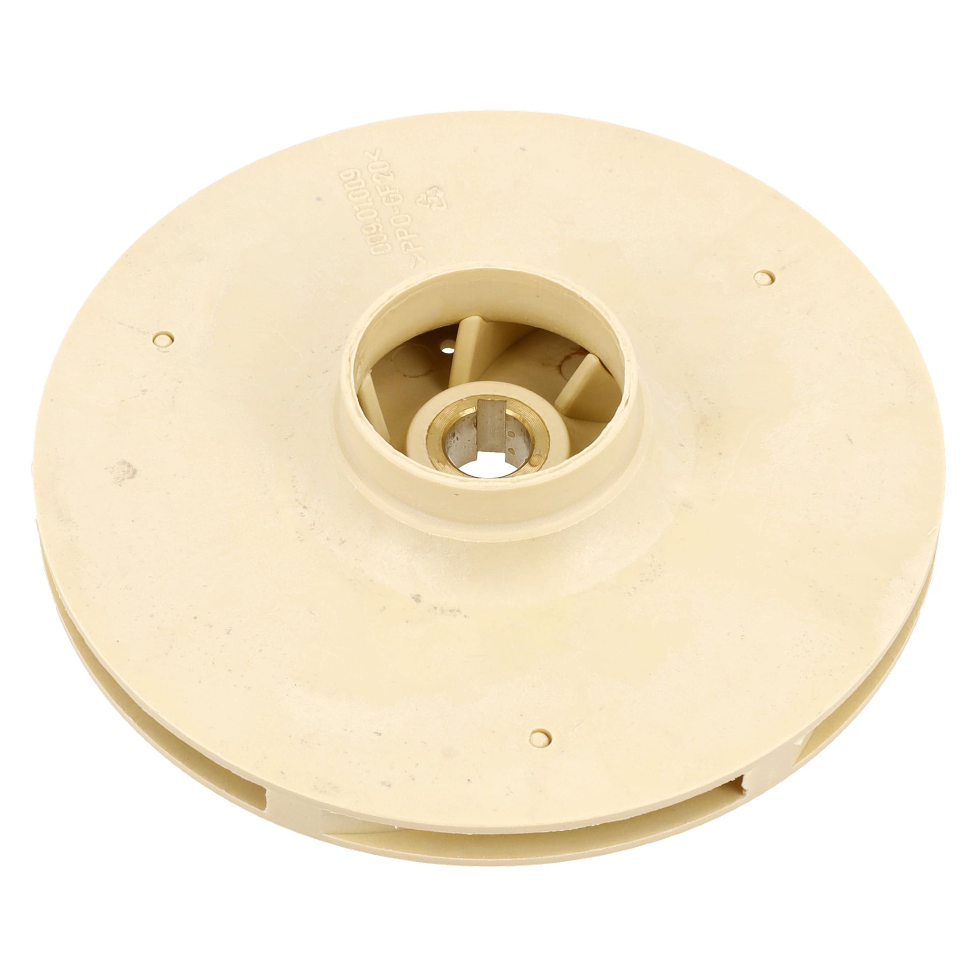 Beige plastimpeller F. 015256/259/273/275 med central nav, radiella stöd, inre hål och spårad ytterkant.