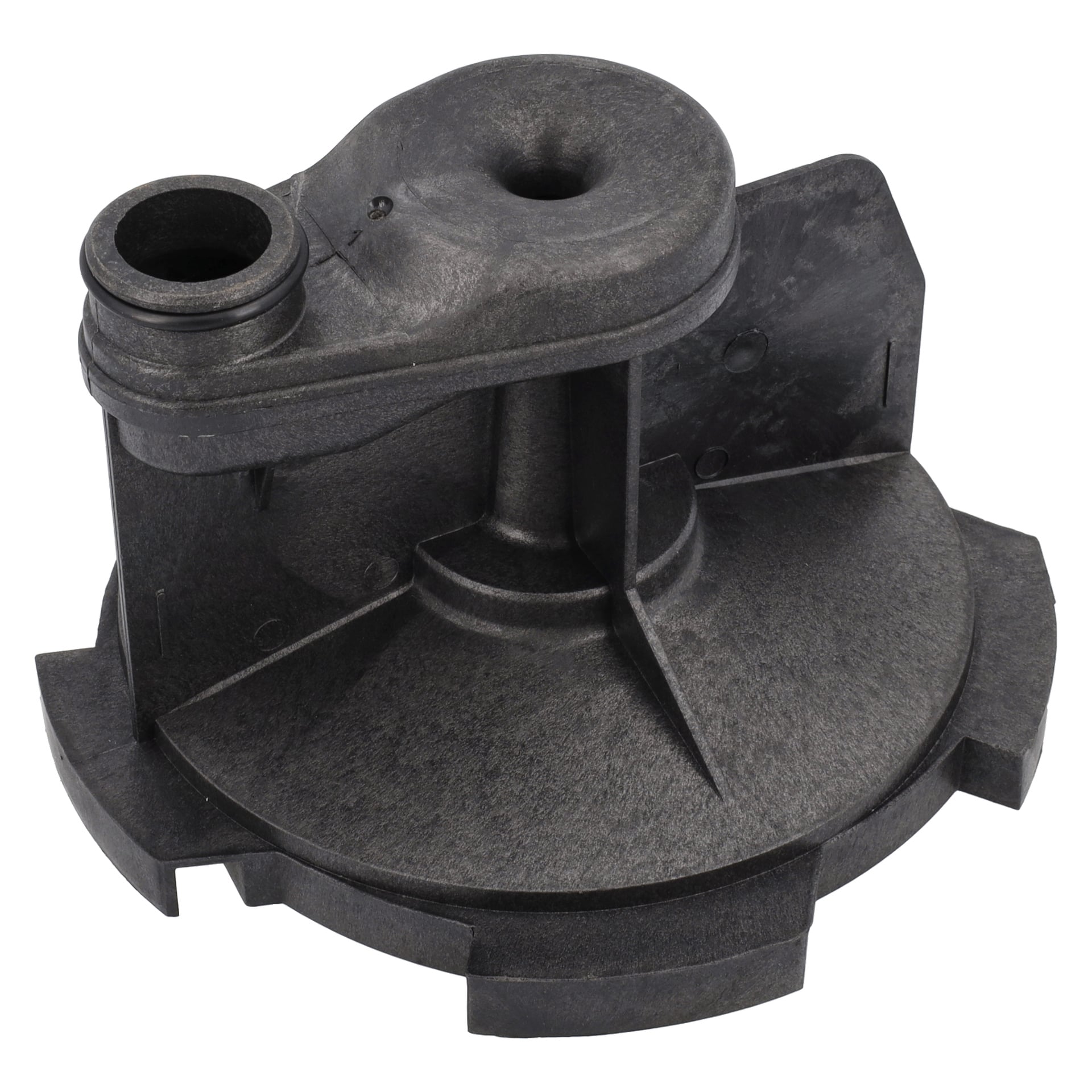 Diffusor F. 015256: svart plastdel med rund bas, mittkolumn, lutande topp med hål, sidorör och matt finish.