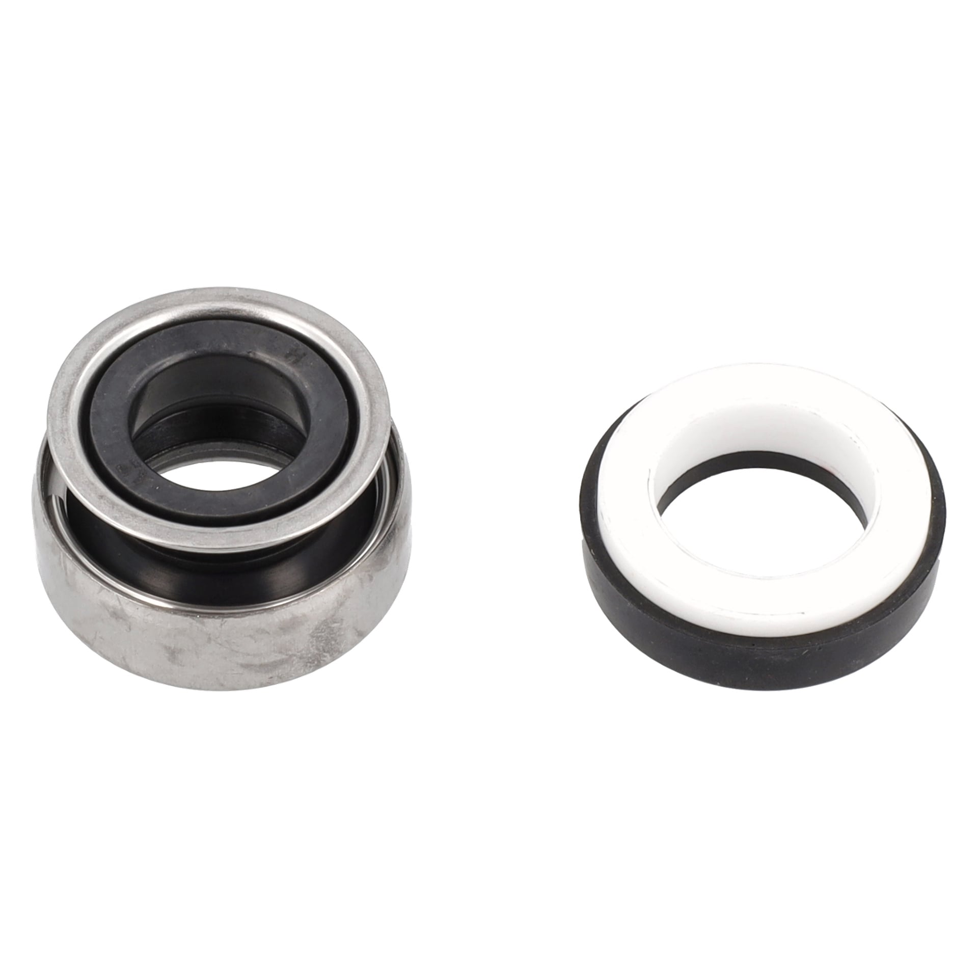 Två mekaniska förseglingar F. 015259 enheter sida vid sida: vänster har ett metallskal med svart ring; Höger har vit mitt, svart yttre ring.