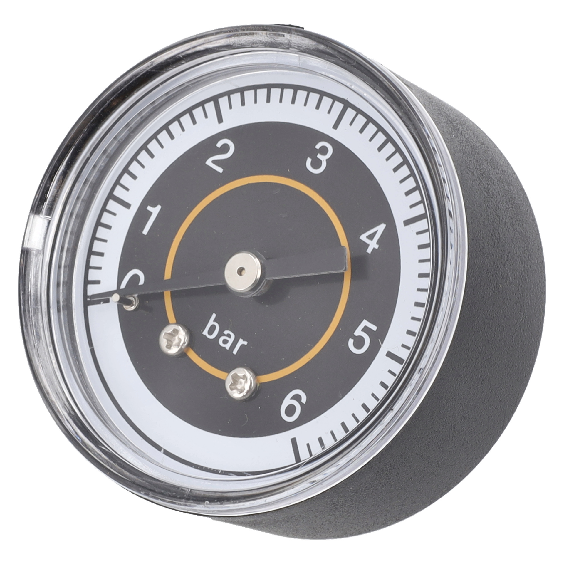 Tryckmätare F. 015259: rund analog display, svart skiva, vita markeringar, genomskinlig omslag, visar strax över 0 av 0–6 bar skala, tre skruvar.