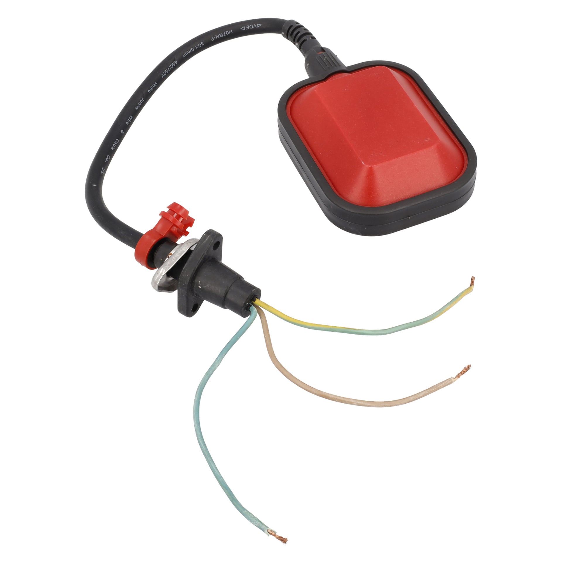 Röd och svart flottör F. 015277 flottörbrytare med kabel, tre exponerade ledningar (brun, blå, grön/gul), för kontroll av vätskenivån.