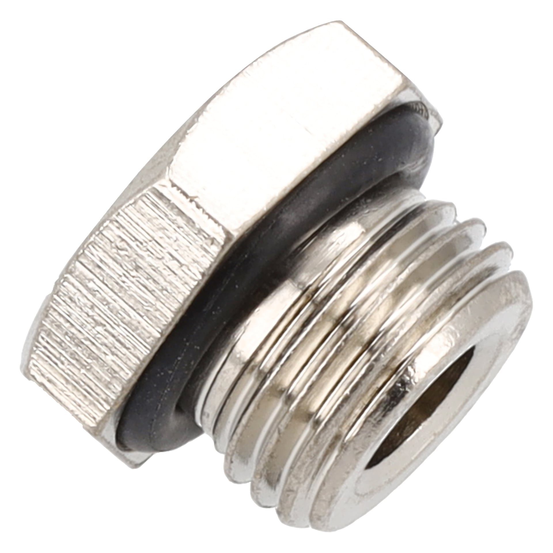 Närbild på Filler Plug F. 015274, en hexagonala metallgängad plugg med svart gummipackning för att täta rör- eller kopplingsöppningar.