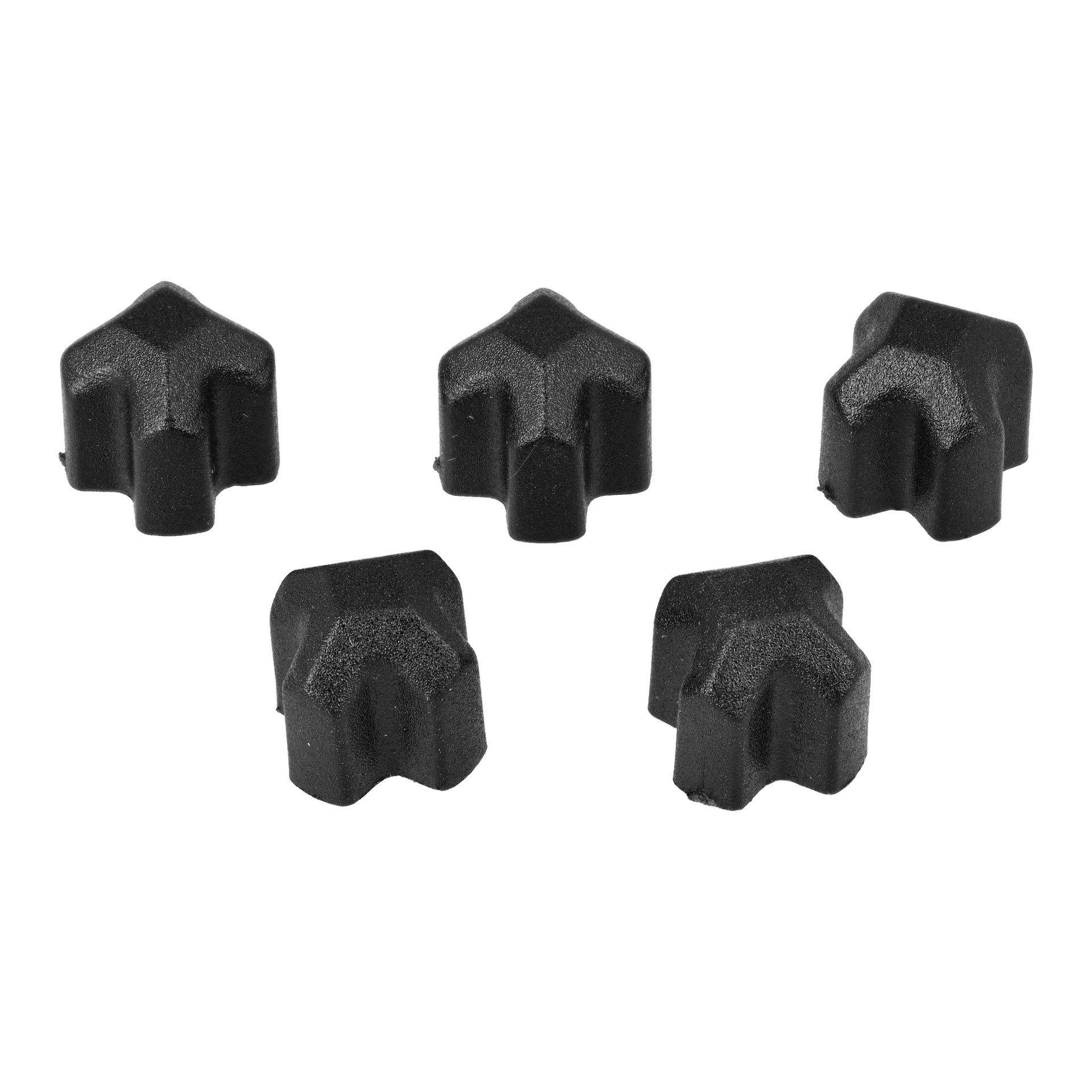 Fem svarta Breakout Ceiling/Wall Slip-stoppare med distinkta geometriska former, plana ytor och kantiga kanter i två rader.