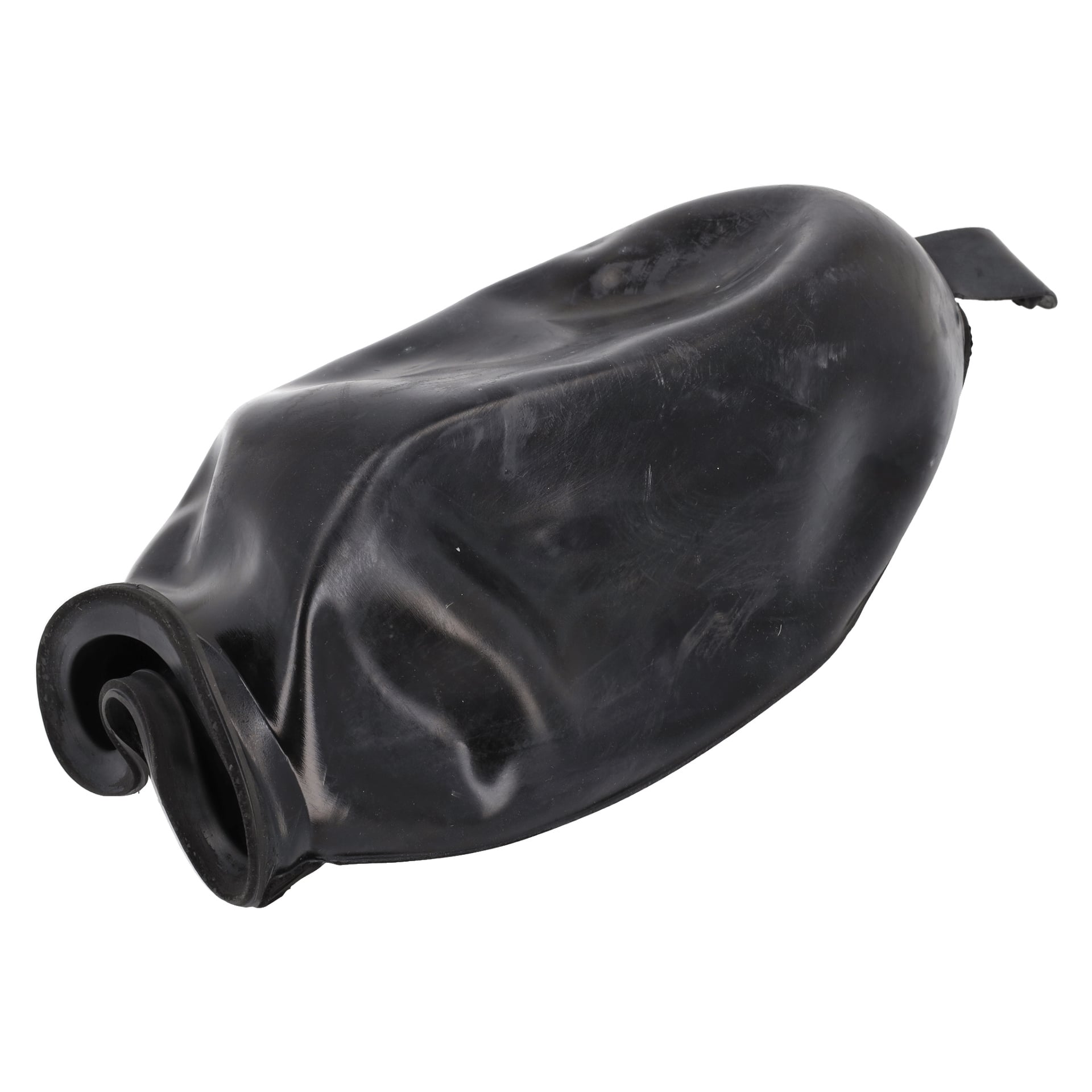 En svart membranhydroforpump med bucklig yttre, vriden öppning och synliga veck, vilande på sidan.