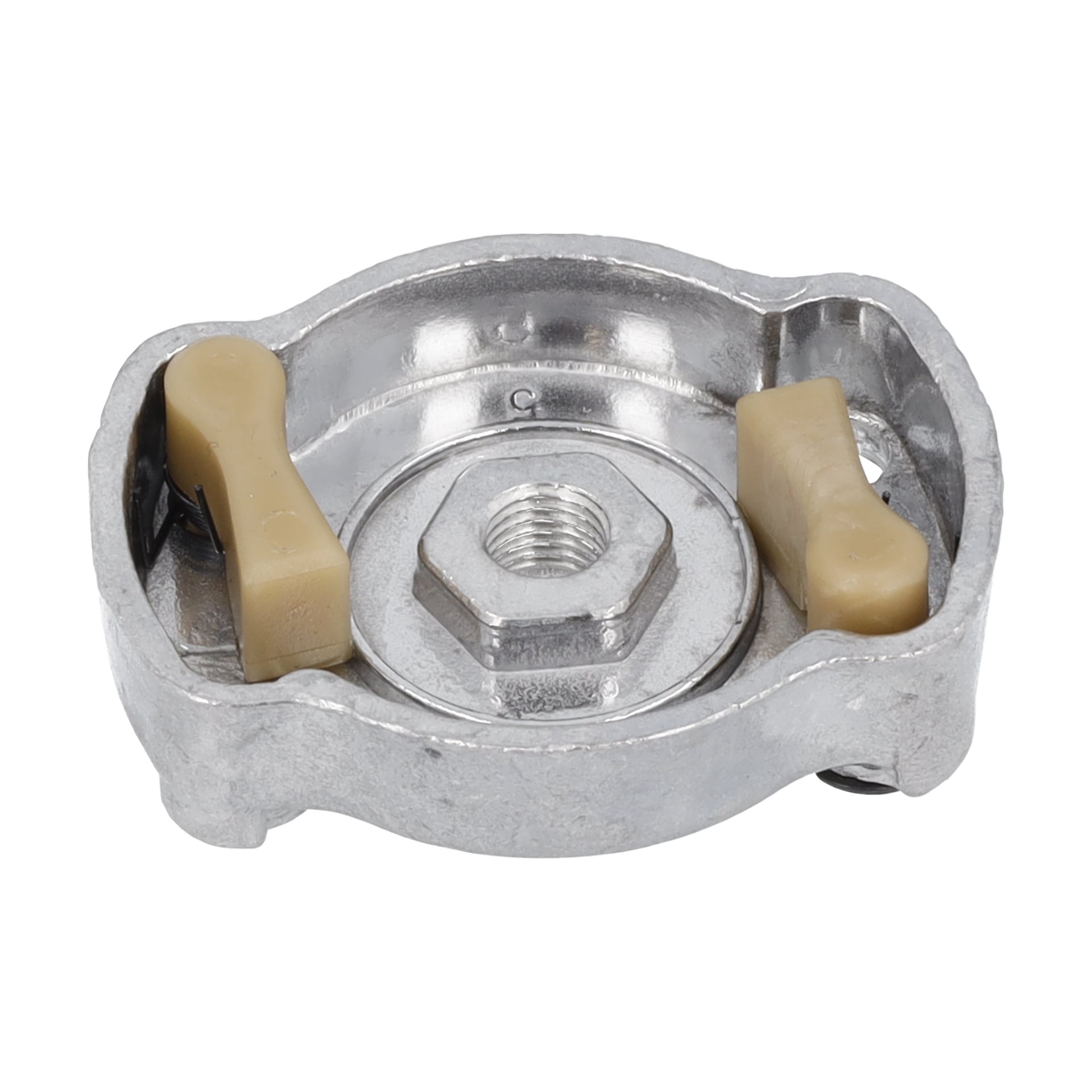 Närbild av Starterplatta F. 021332 som visar dess metalliska konstruktion, hexagonala centrala hål och två beige plastflikar på sidorna.
