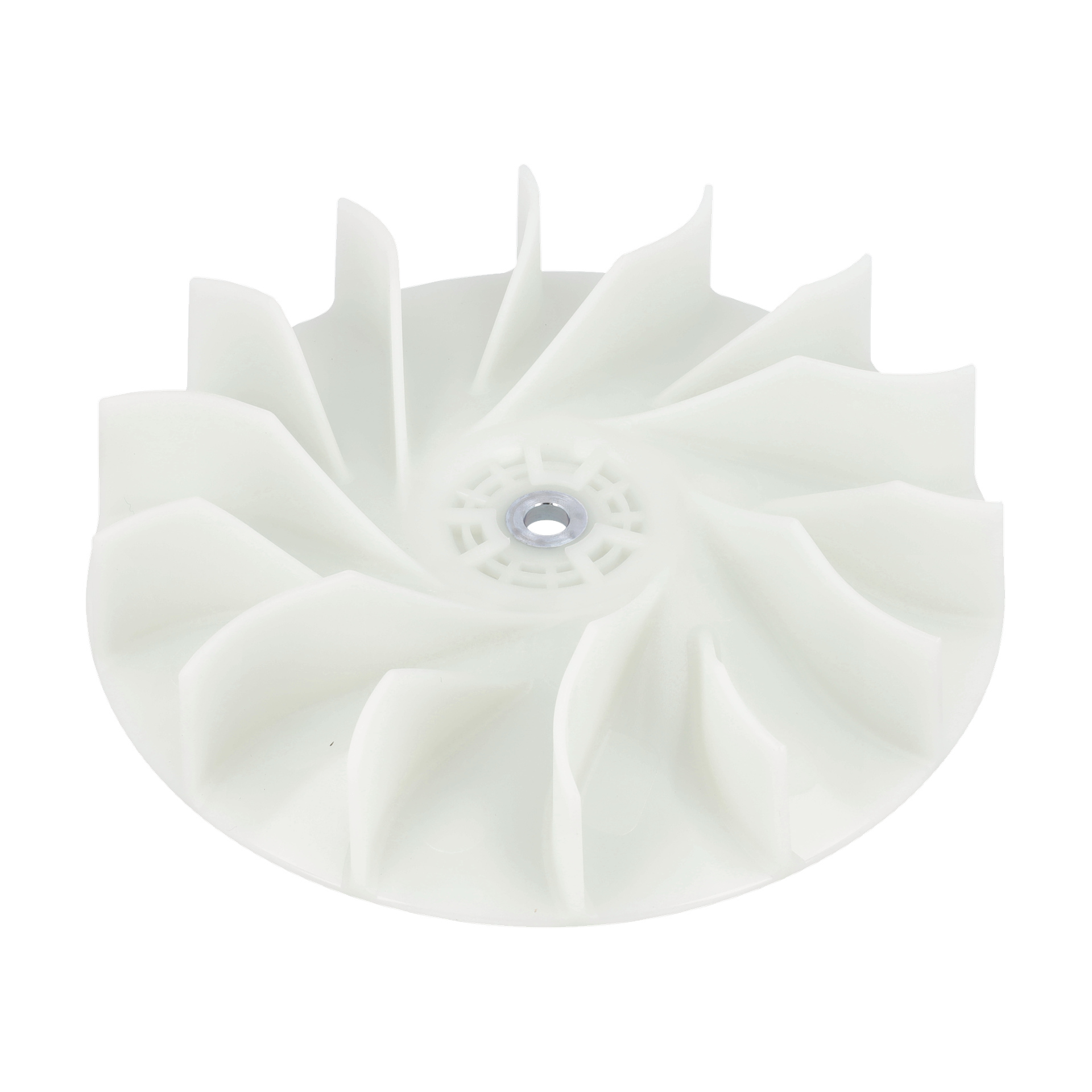 Impeller F. 021332 är en vit plastkomponent med böjda blad som omsluter ett centralt hål, sett uppifrån.