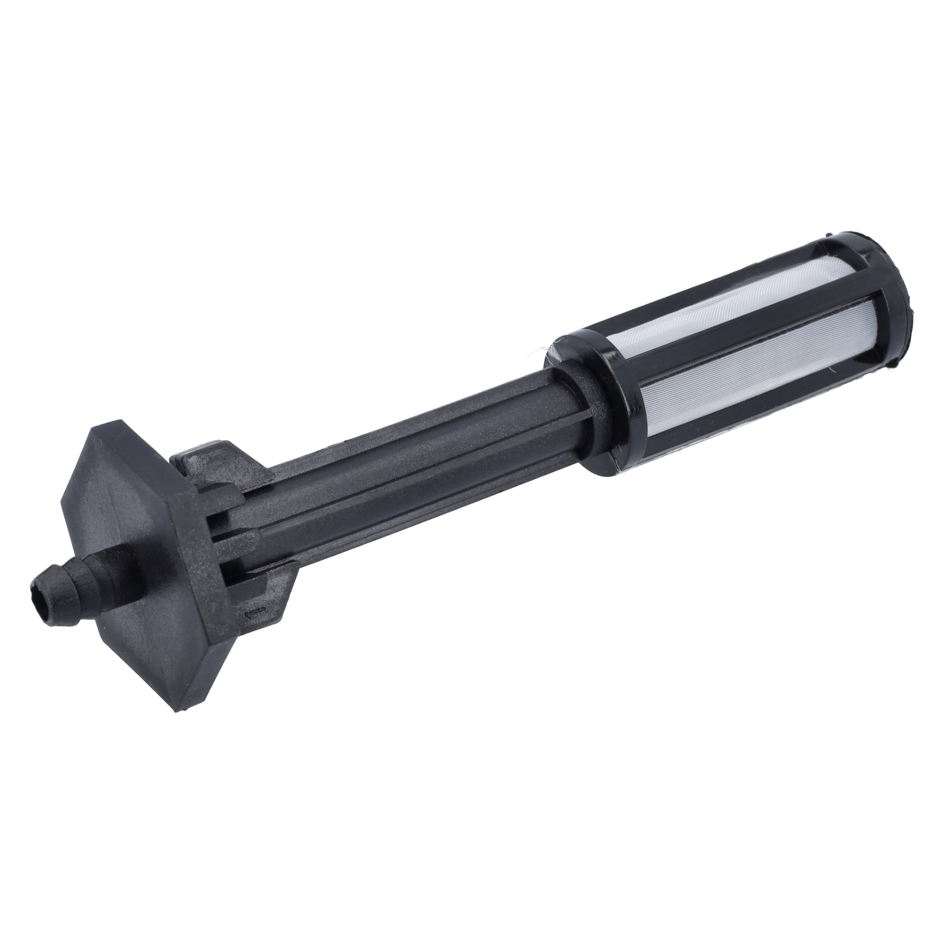 Ett cylindriskt svart plastdieselbränslefilter med nät och sexkantig ände, använt för vätskefiltrering i maskiner eller bevattning.