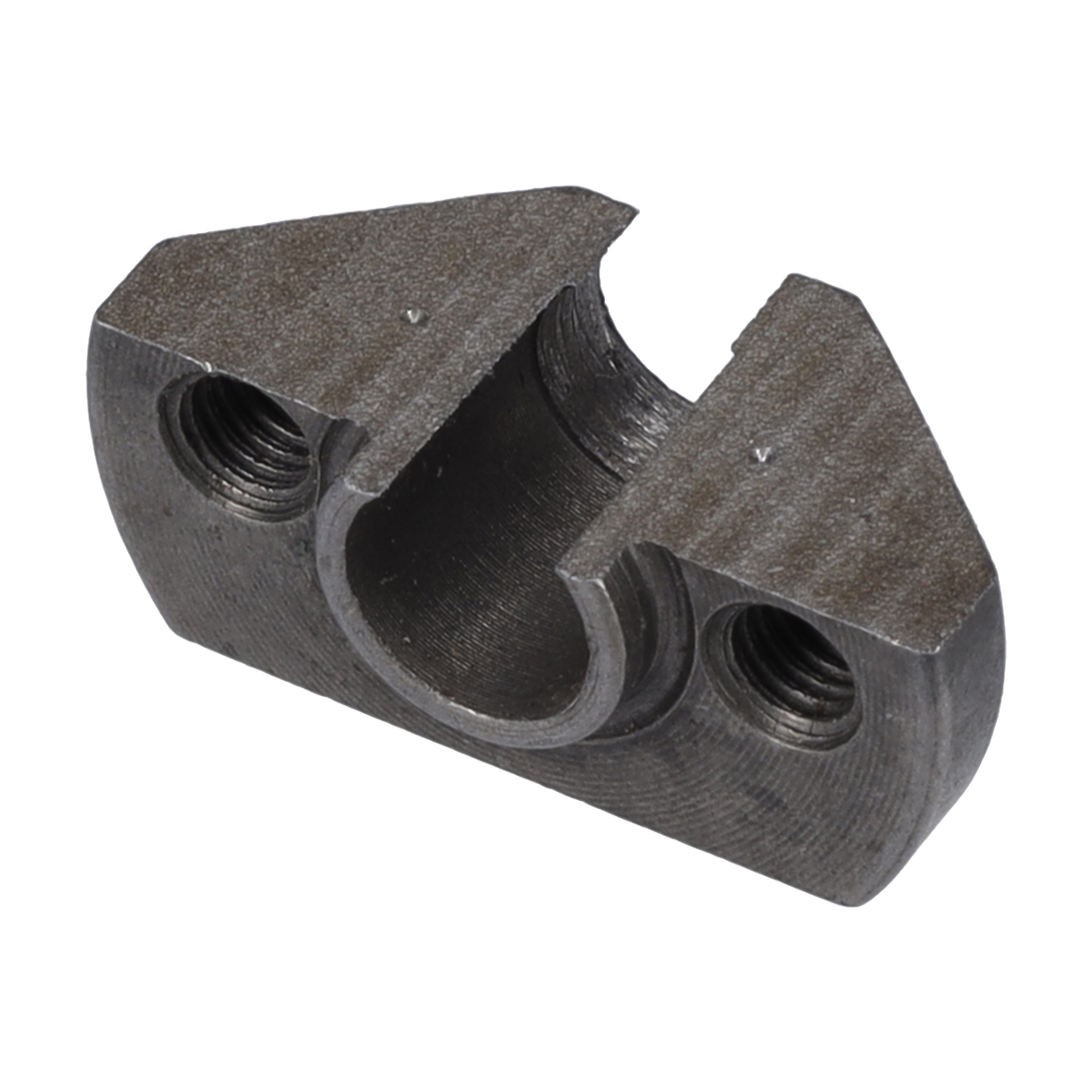 Kolvsits F. 021419, en metalldel med platt topp, lutande ändar, rundad mittutskärning och gängade hål på båda sidor.