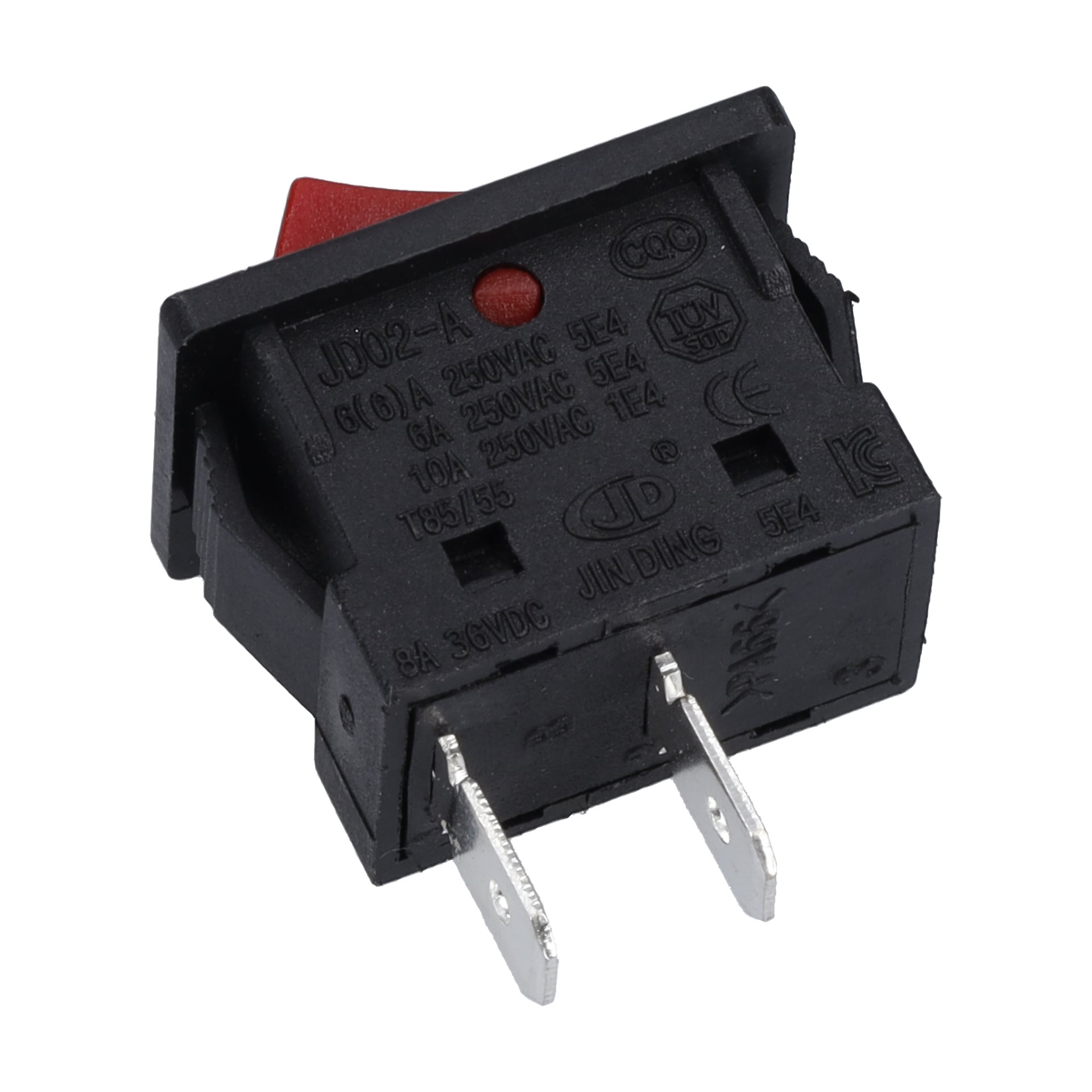Närbild på Power Switch F. 021419, en svart och röd vippbrytare med två metallstift och vita tekniska specifikationer på sidan.