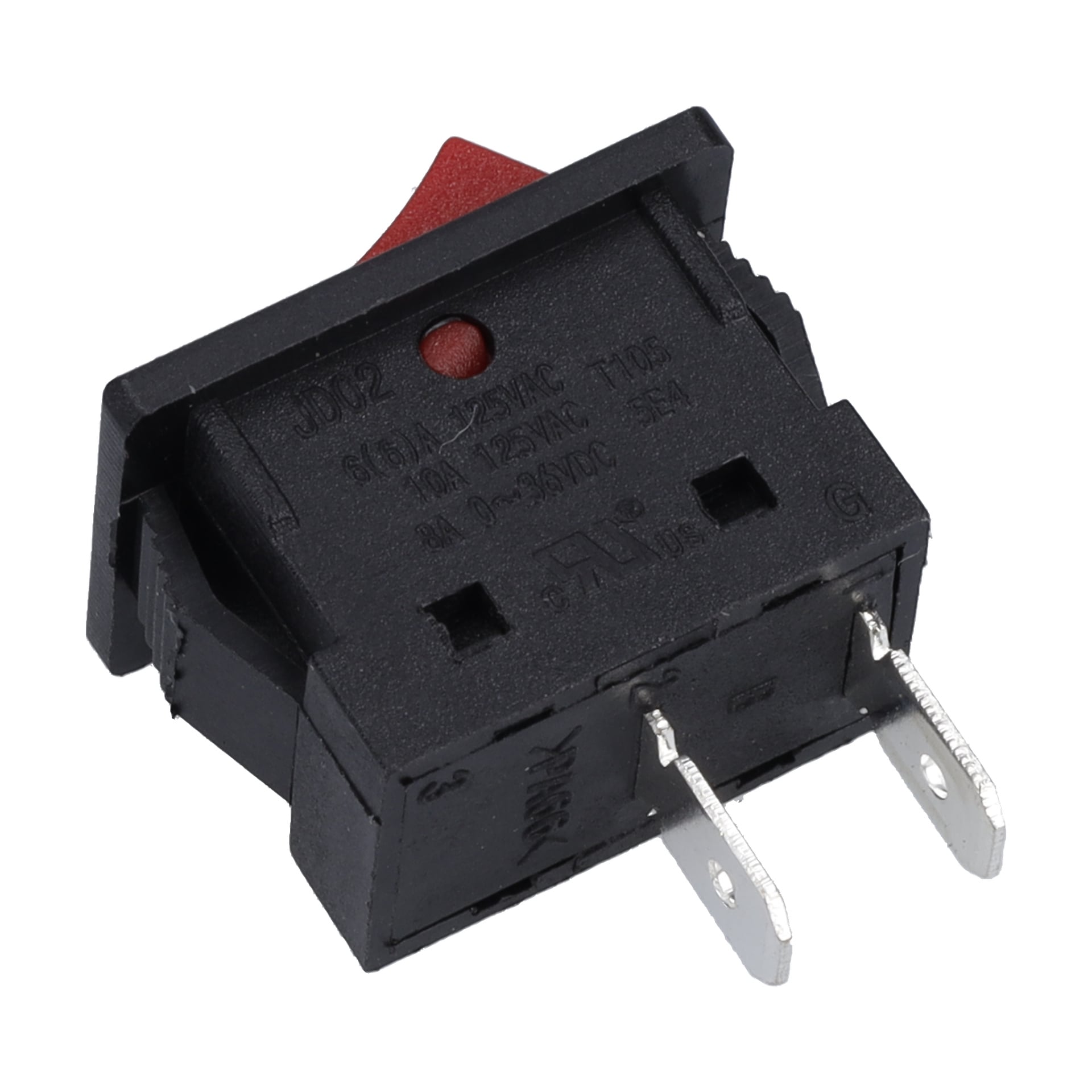 En närbild av Power Switch F. 021419, en svart rektangulär vippbrytare med en röd ställdon och två metallstift, visad i vinkel.