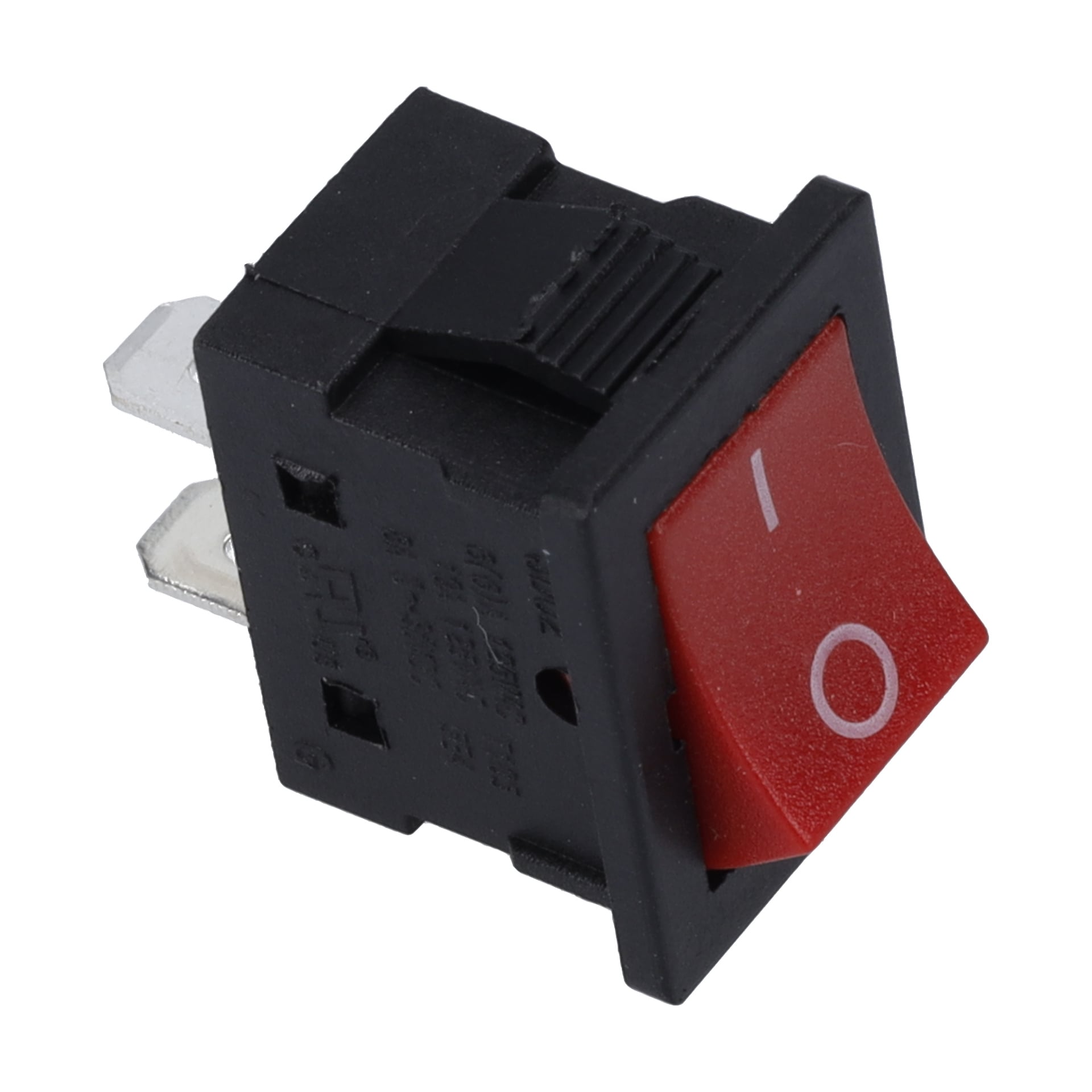 Power Switch F. 021419 är en svart och röd rektangulär vippknapp med tre metallstift, vinklade för att visa dess O- och I-symboler.