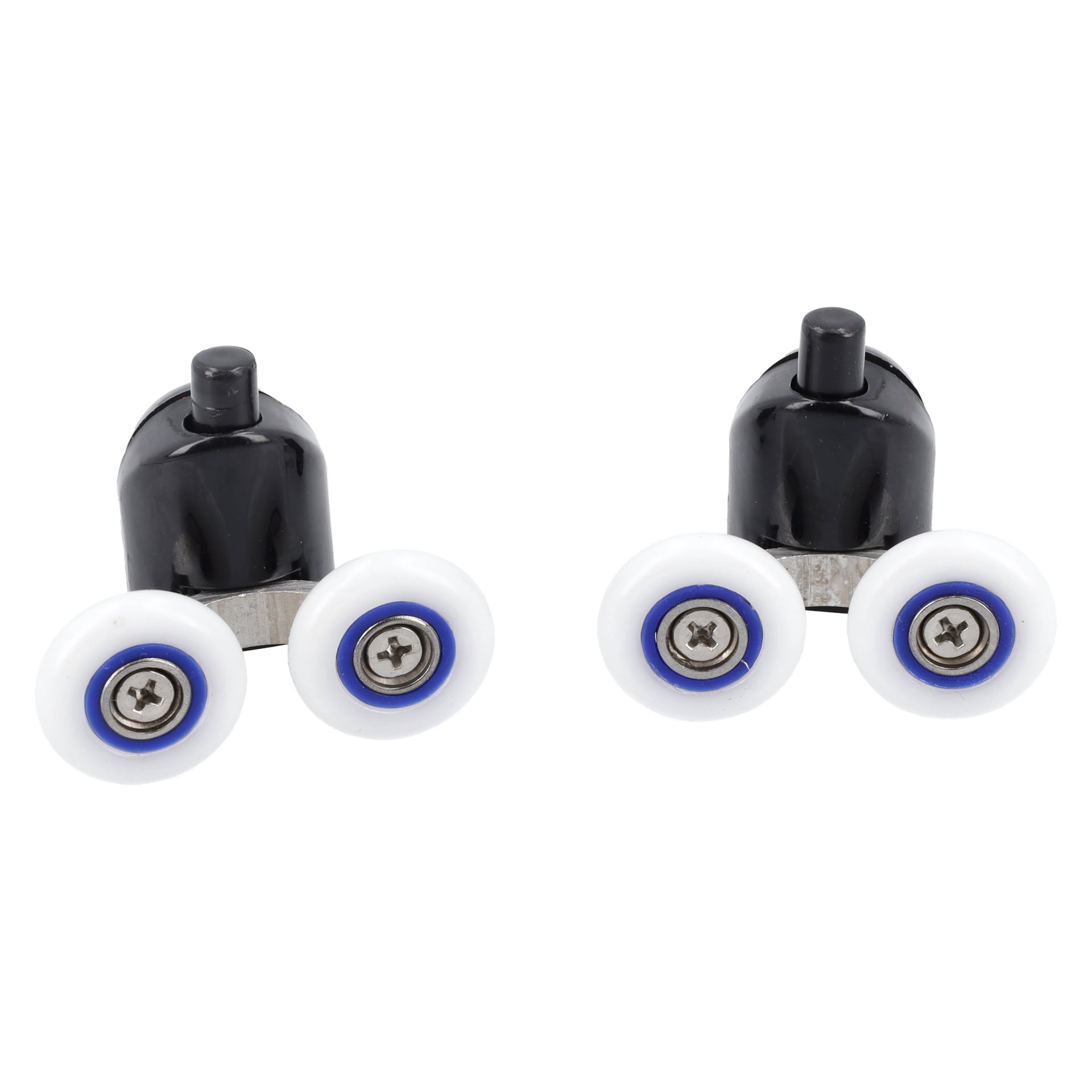 To Double Wheel Bottom W Lug 2-P braketter, hver med to hvite felger, metallsentre og synlige skruer, er plassert side om side.