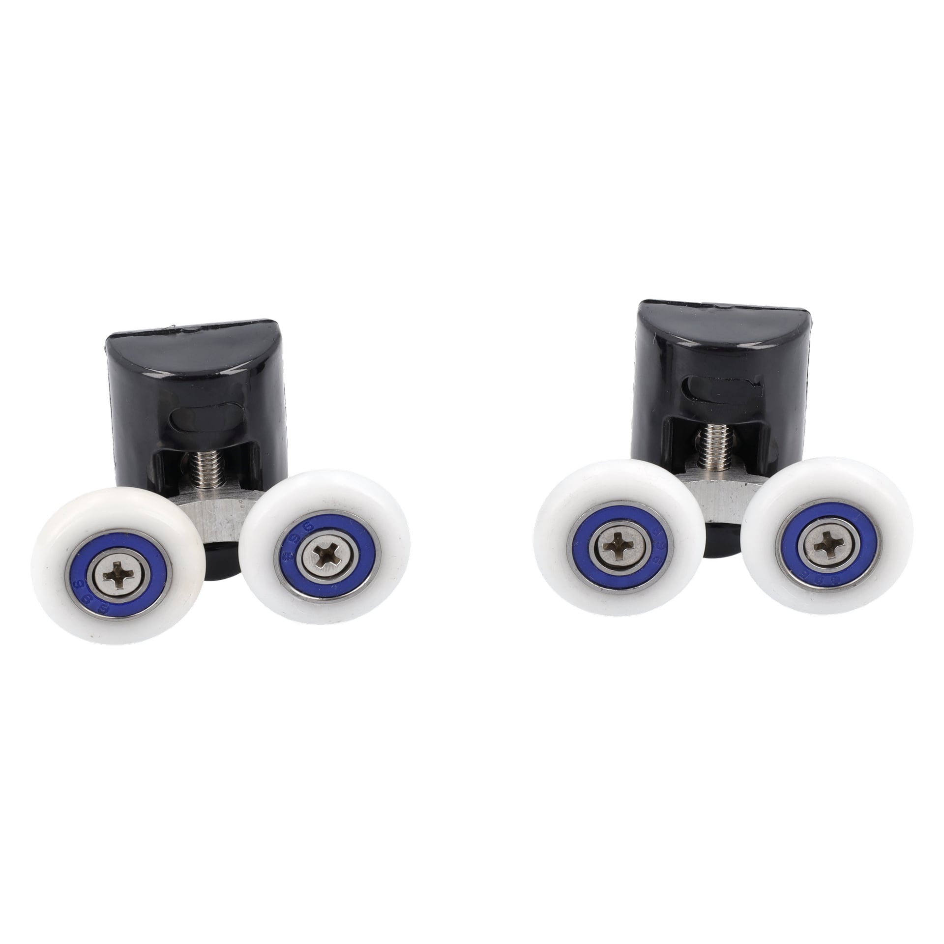 Double Wheel Top med Lug 2-P viser to svarte plastbraketter, hver med to hvite hjul med blå sentre og metallskruer.