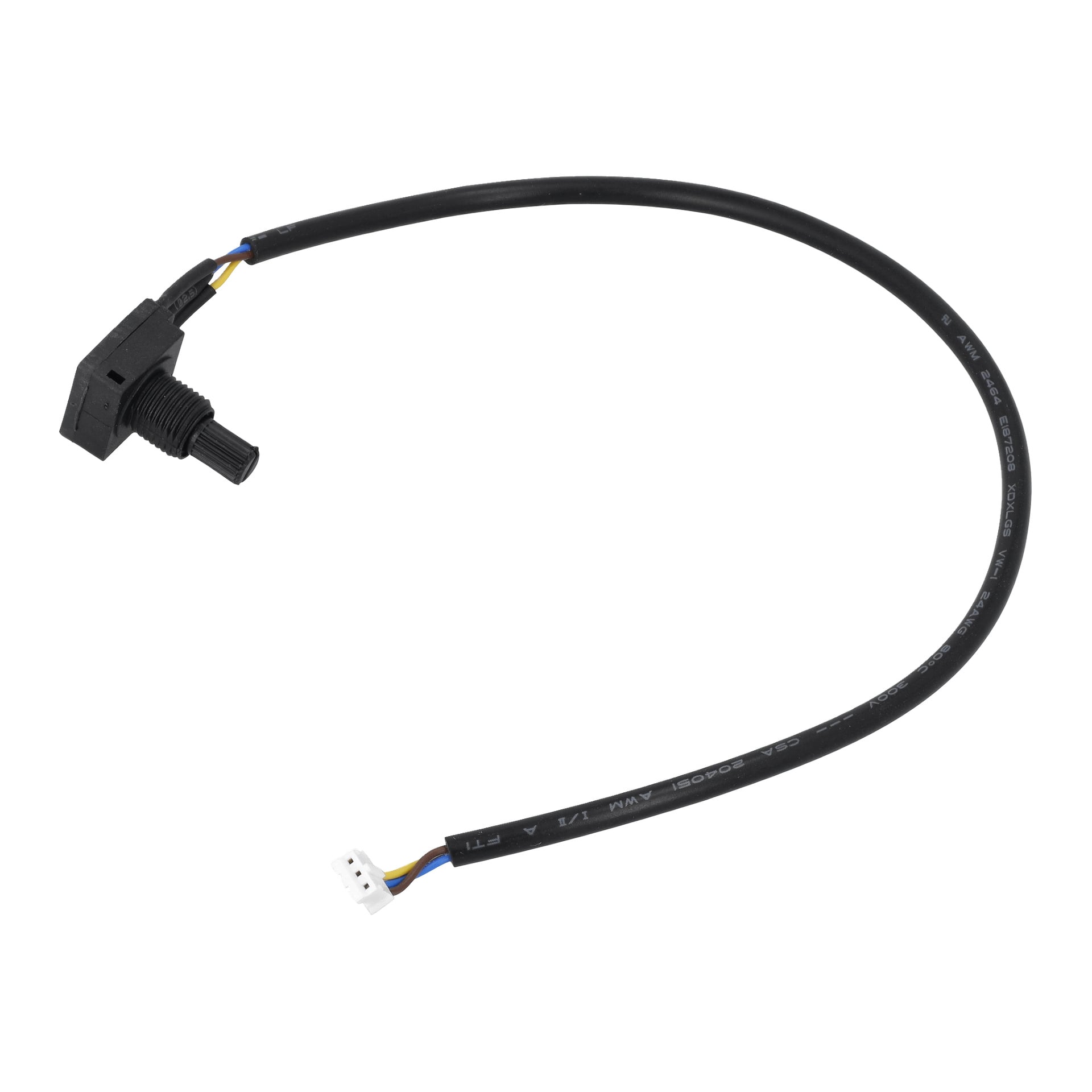 Potentiometer F. 011485 har en svart kabel med en liten rektangulär sensor och en vit 3-polig kontakt som exponerar färgade ledningar.