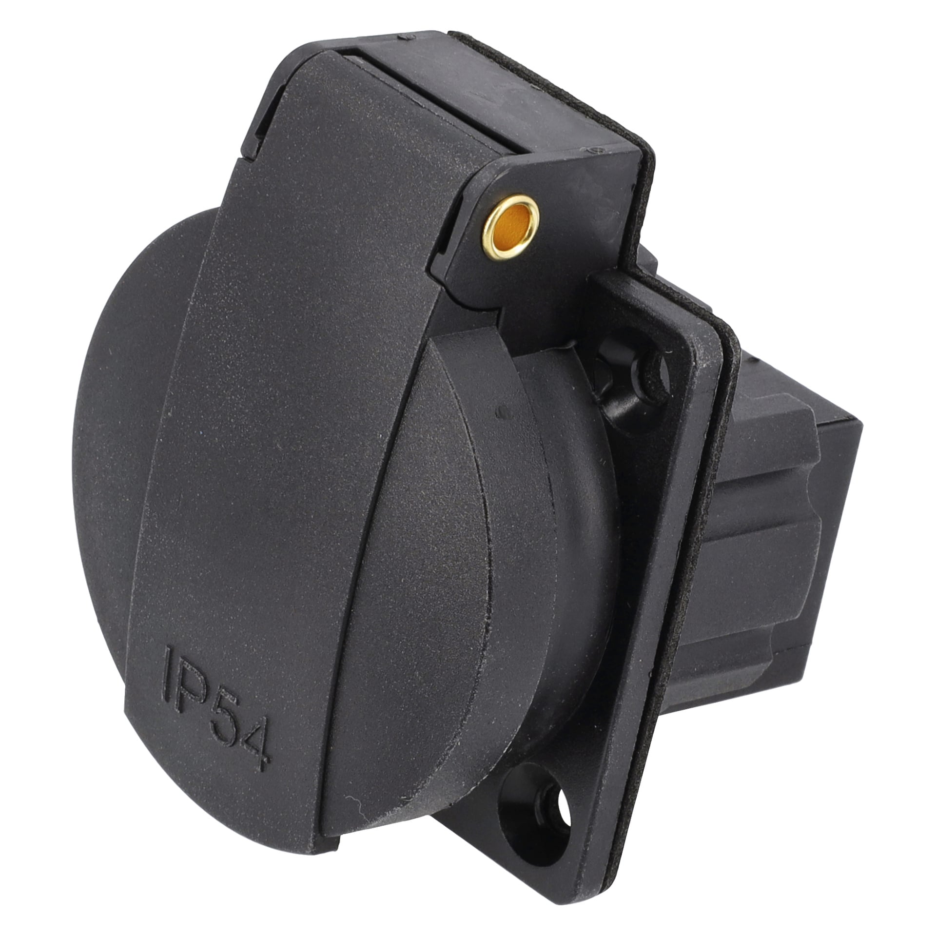Strömuttag F. 014123, svart och runt med ett gångjärnsförsedd lock märkt IP54, lämpligt för utomhus- eller industriella elanslutningar.