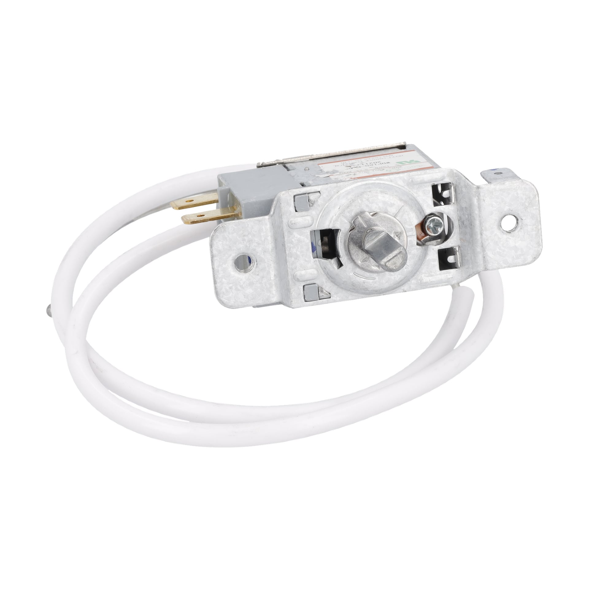 Termostat F. 022595 med rattkontroll, två monteringshål, exponerade terminaler i ena änden och en virrad vit ledning.