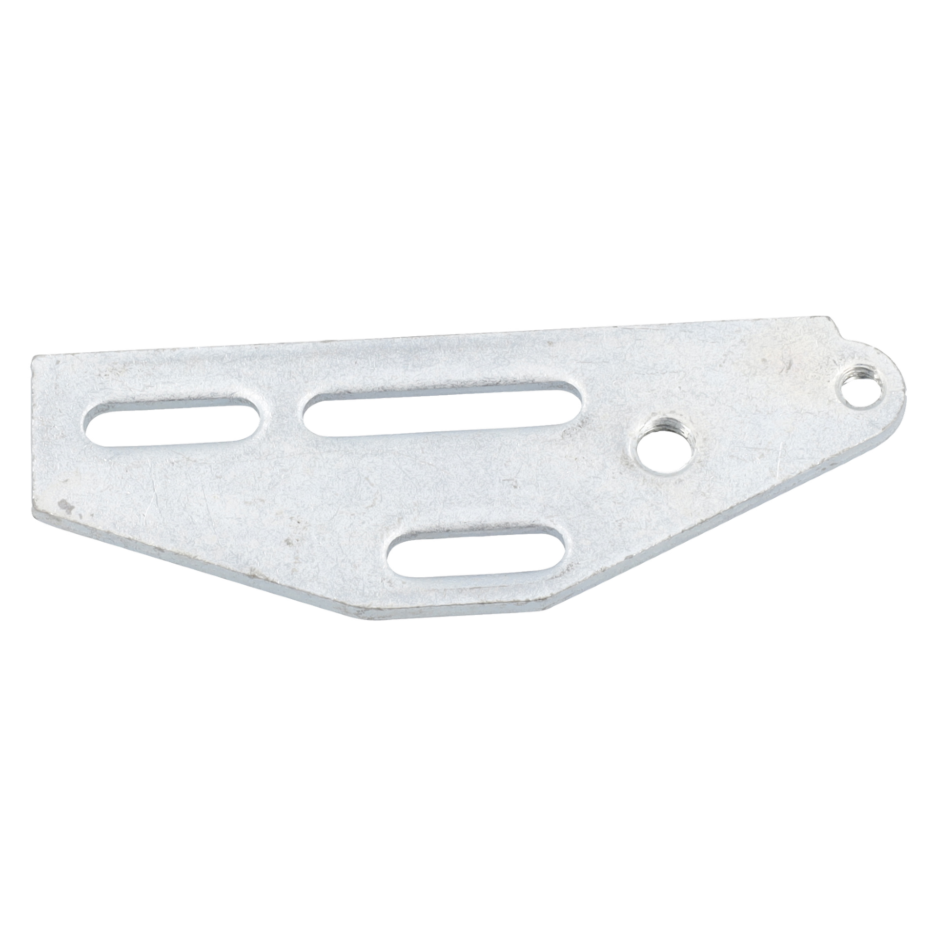 Gångjärn F. 022595 är ett platt metallfäste med tre långa spår, två runda hål (ett nära ett hörn), vinklade kanter och subtil textur.