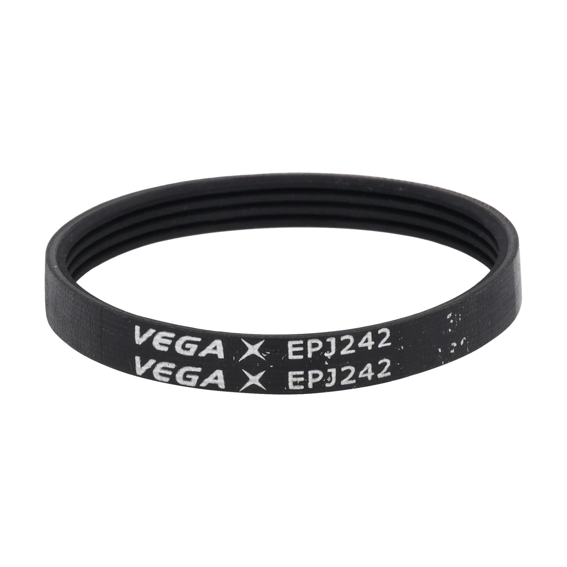 En svart gummirem för EPJ242 är slingrad i en cirkel, visar "VEGA EPJ242" två gånger och har flera spår inuti.