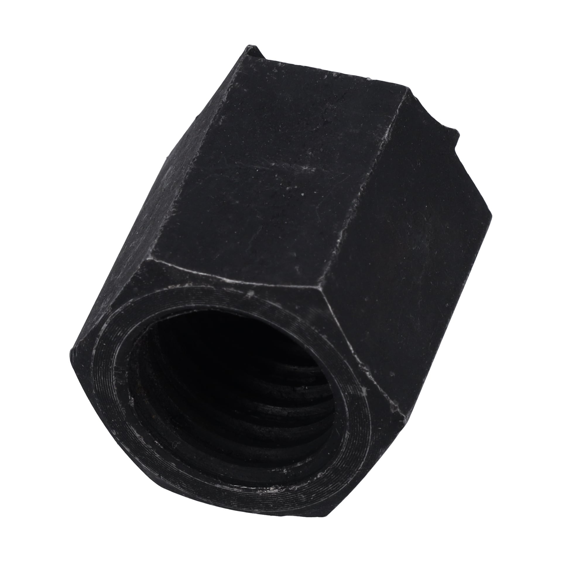 En närbild av Drive Centre F. 022936, en svart hexagonall metallmutter med intern gänga, visad i vinkel.