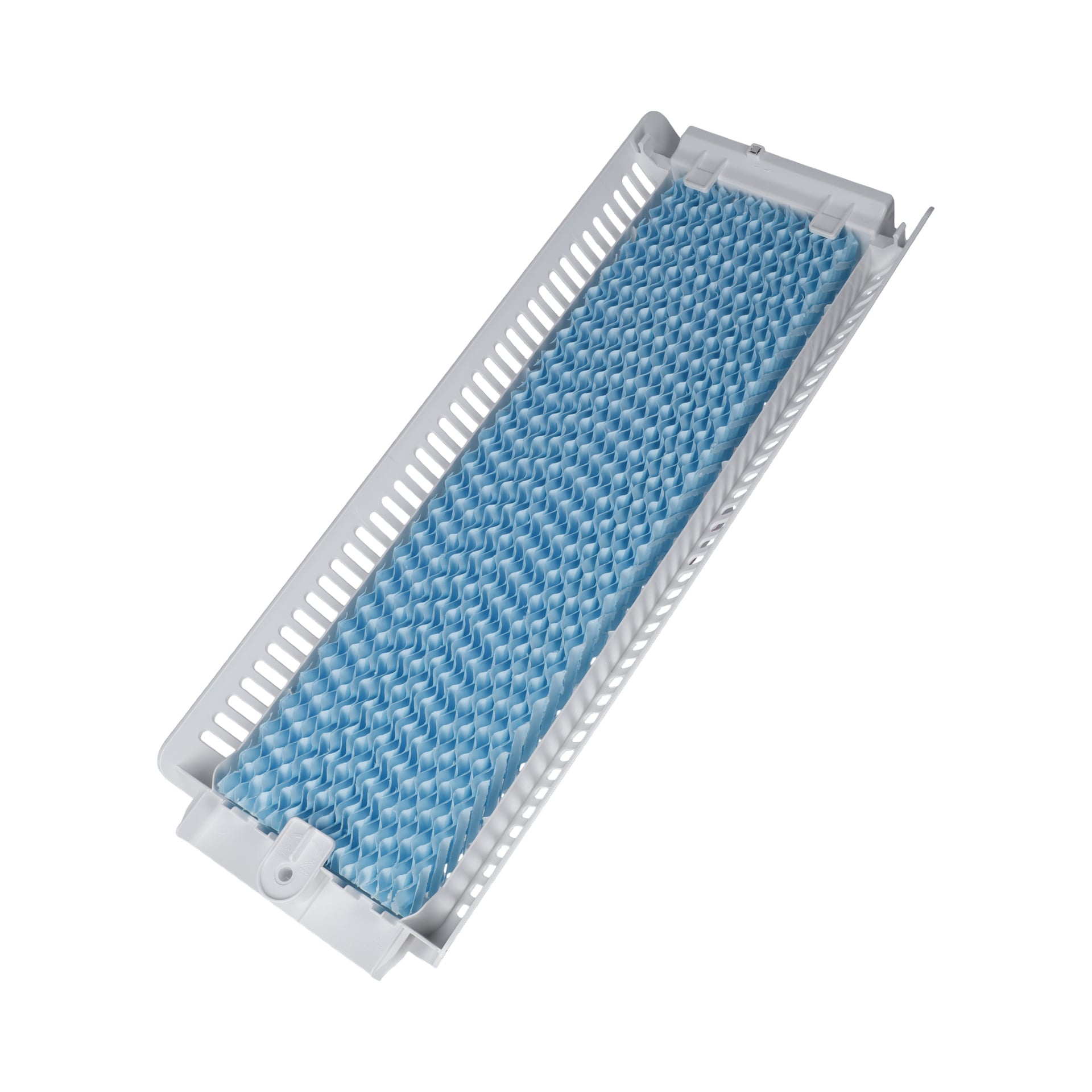 Filtr Air Cooler posiada prostokątną białą plastikową tacę z wentylowanymi bocznymi panelami i odpinaną niebieską tkaninową wstawką.