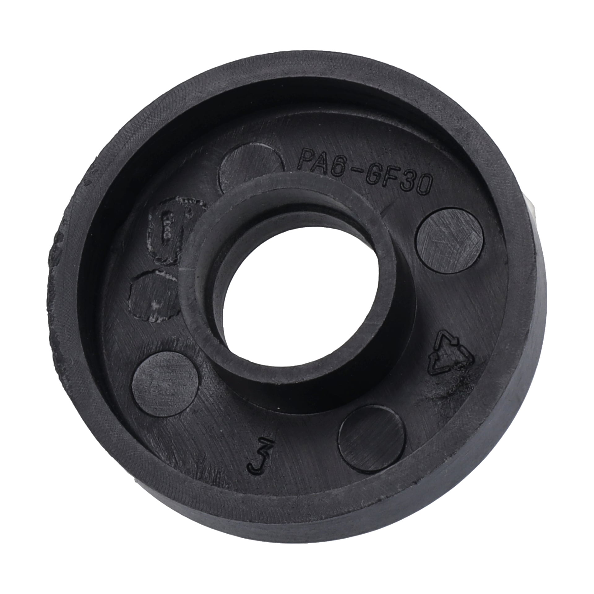 Bladfäste F. 010026 är en svart rund plastbit med ett centralt hål, två små fördjupningar och märkt PA6-GF30 plus en återvinningssymbol.