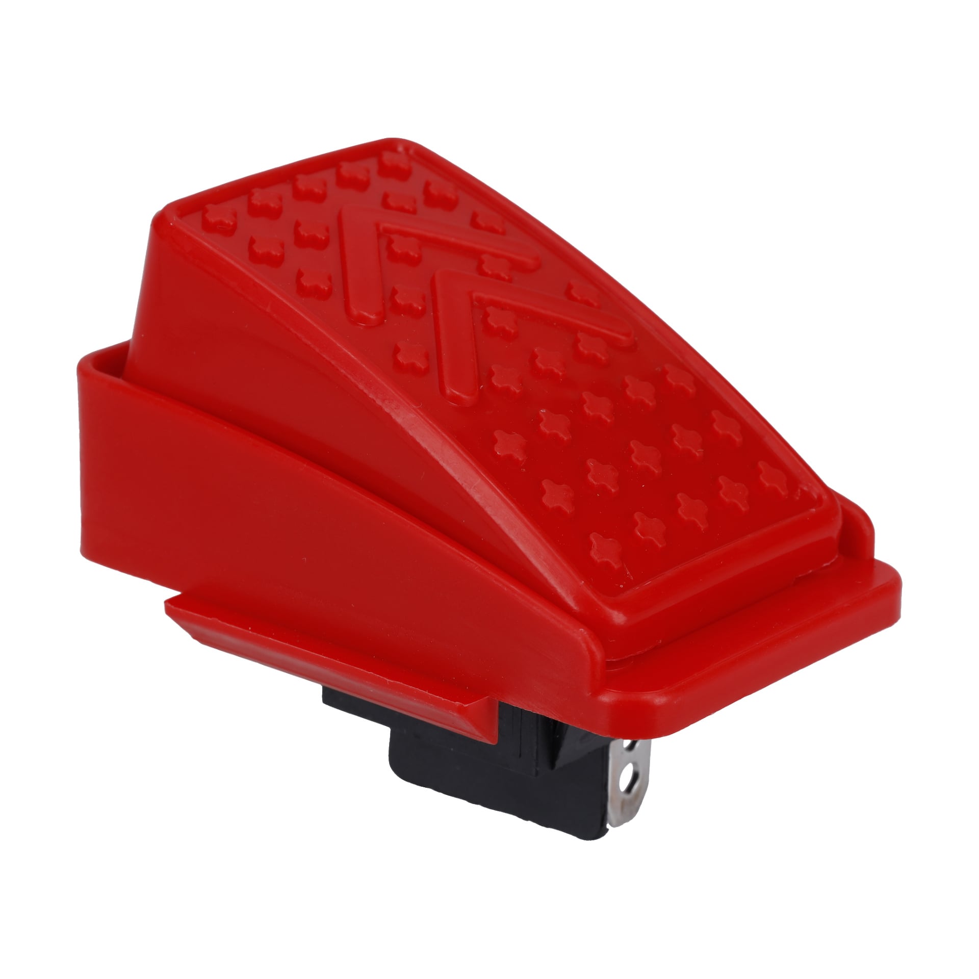 Röd plastfotpedalbrytare, modell F. 023483, har en texturerad halkfri topp och svart bas för elektrisk styrning.