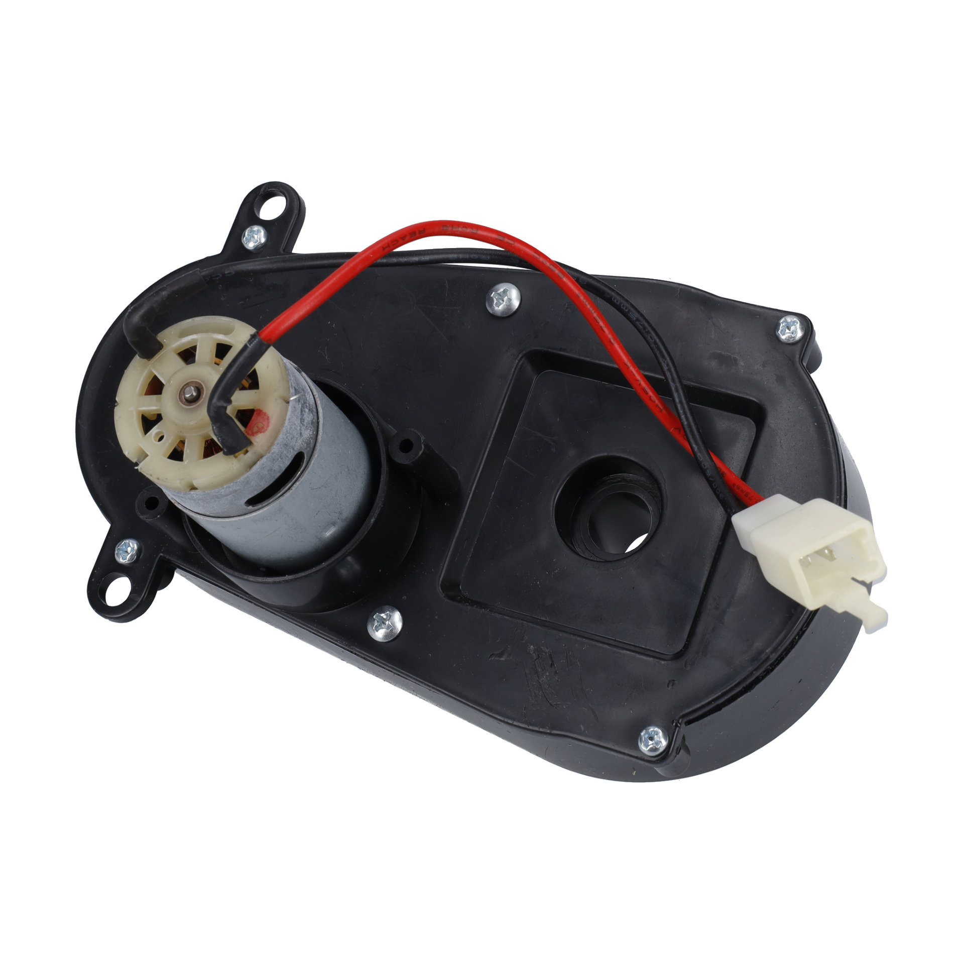 Steering Motor 12 V F. 023480 posiada czarną plastikową skrzynię biegów, odsłonięty bieg, mały silnik, czerwono-czarne przewody oraz białe złącze.