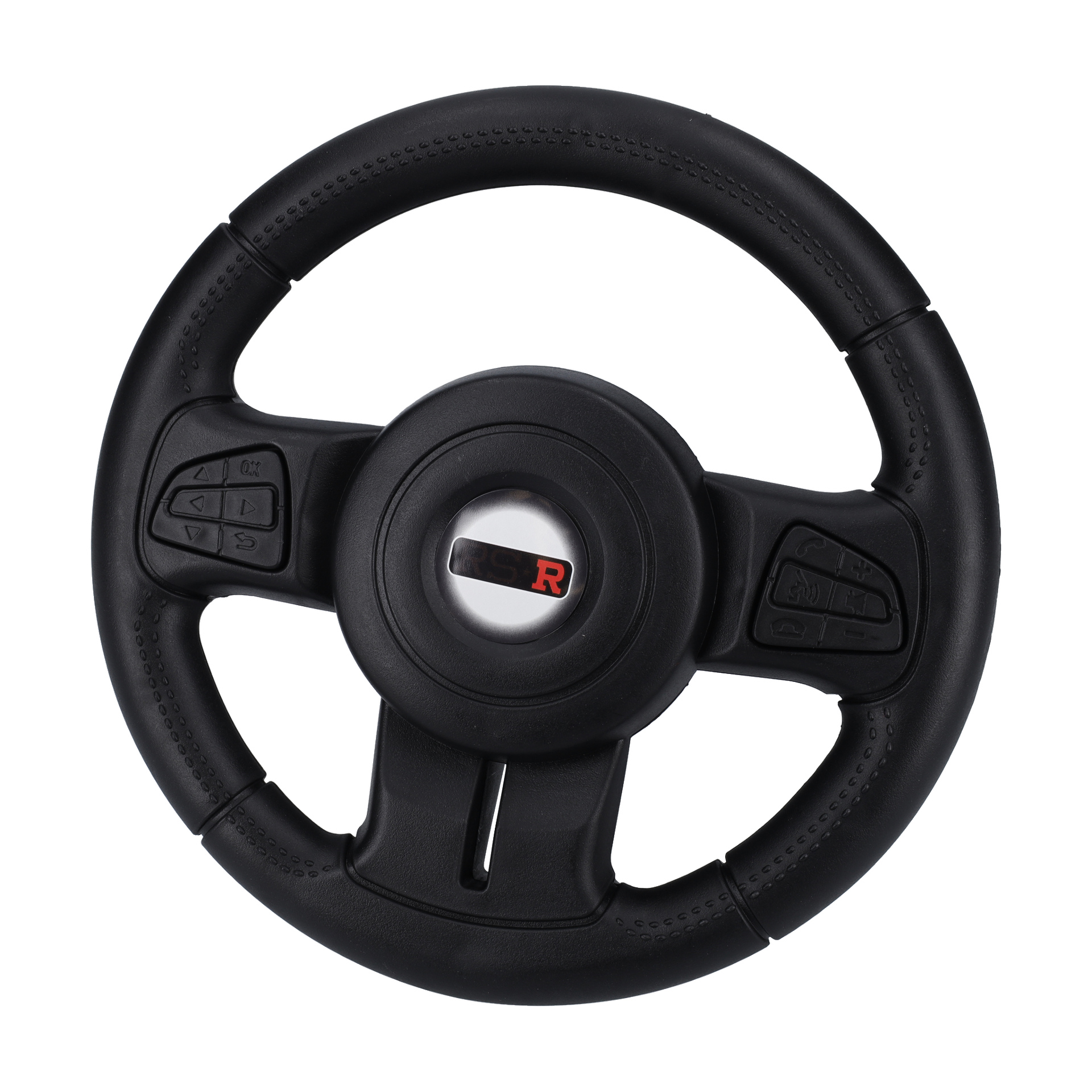 Black Steering Wheel F. 023480 har ett läderliknande grepp, röd R-logga på mittnavet och knappar på varje eker.