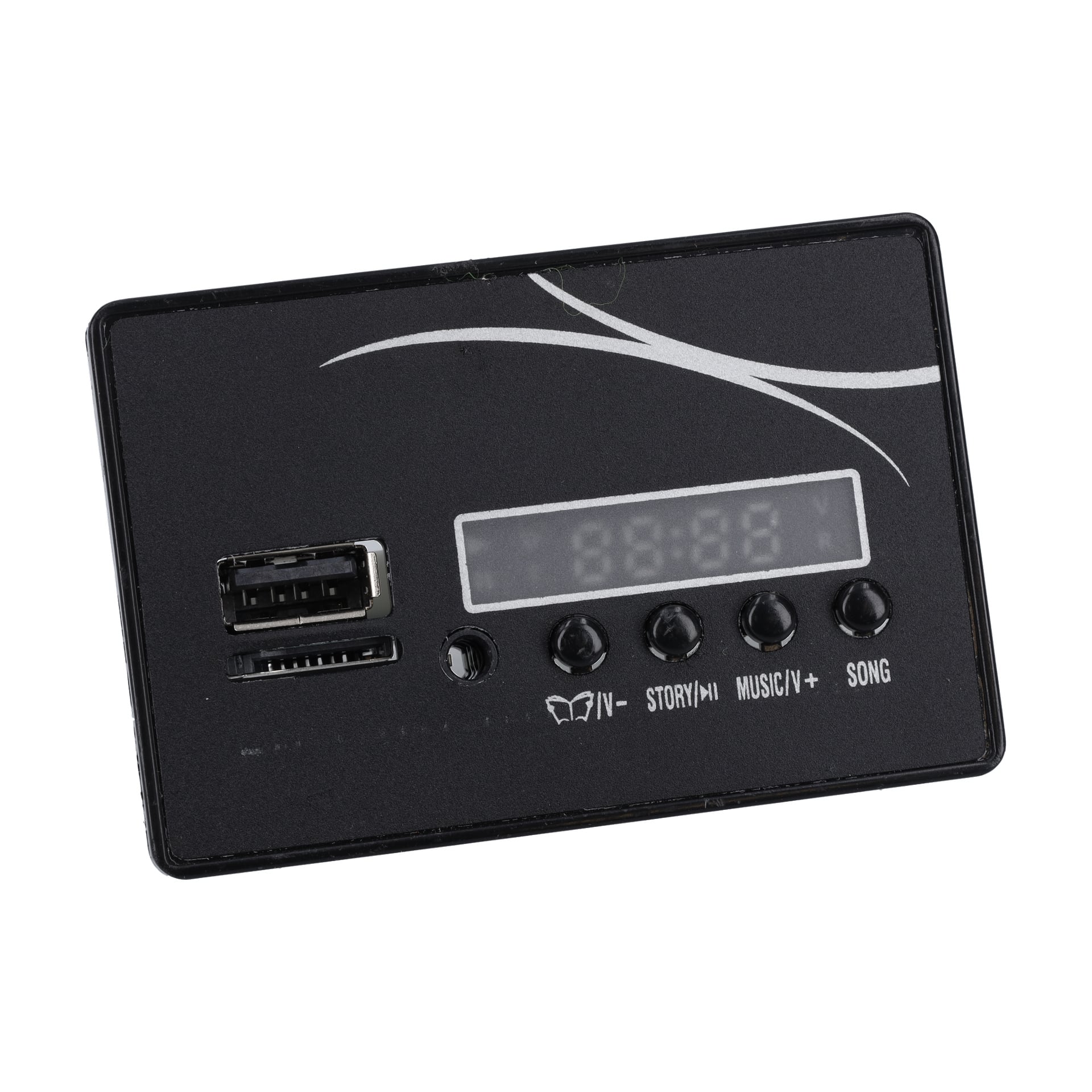 Audio Player F. 023480: en svart rektangel med digital skärm, två USB-portar, fyra runda knappar och en vit böjd linje ovanpå.