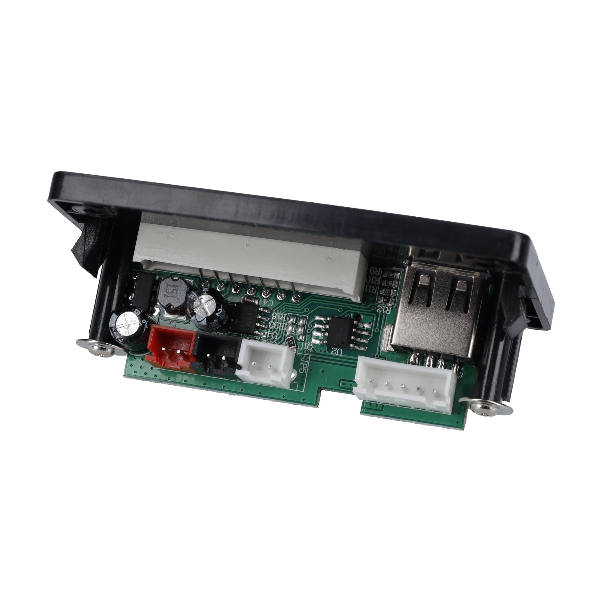 Närbild på Audio Player F. 023480:s kretskort med kondensatorer, kontakter, USB-port och komponenter inuti ett svart hölje.