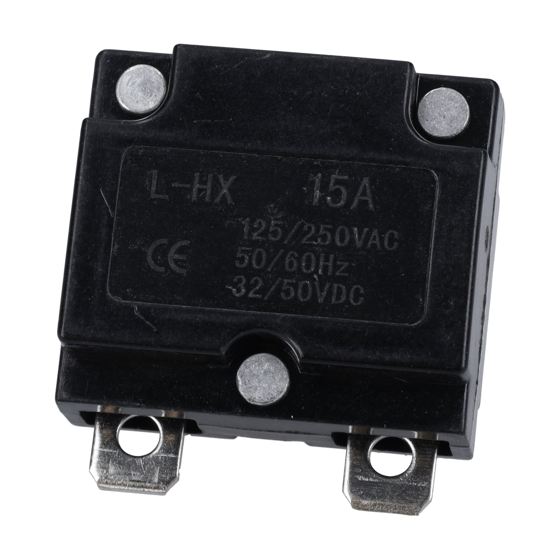 Svart rektangulär 15-ampere säkring, metallterminaler, tre skruvar, märkta L-HX 15A 125/250VAC 50/60Hz 32/50VDC.