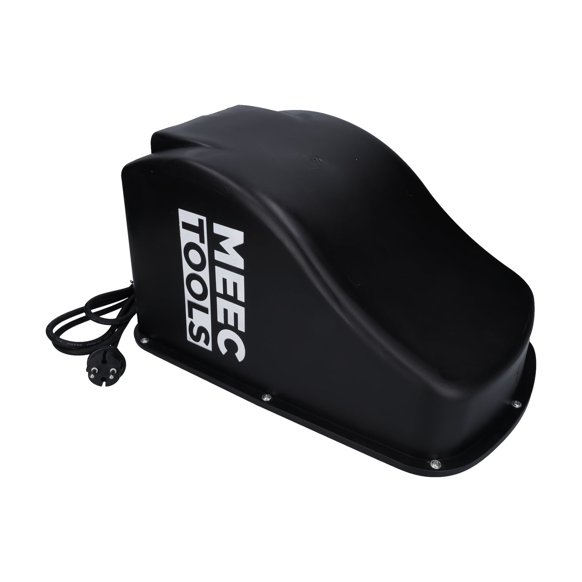 Ett svart, böjt plastlock märkt "MEEC TOOLS" är fäst på Motor Cpl F. 024341, med en strömkabel och ett uttag som sträcker sig ut.