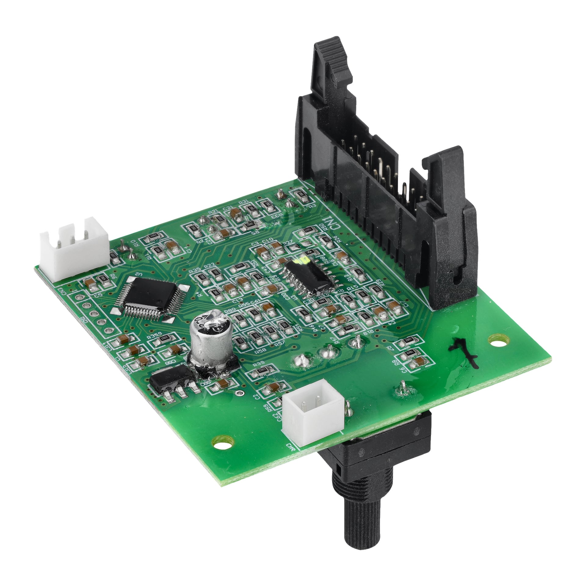 Närbild av Display F. 022955 med ett grönt kretskort, olika elektroniska delar, kontakter och en svart roterande kodare vid ena kanten.