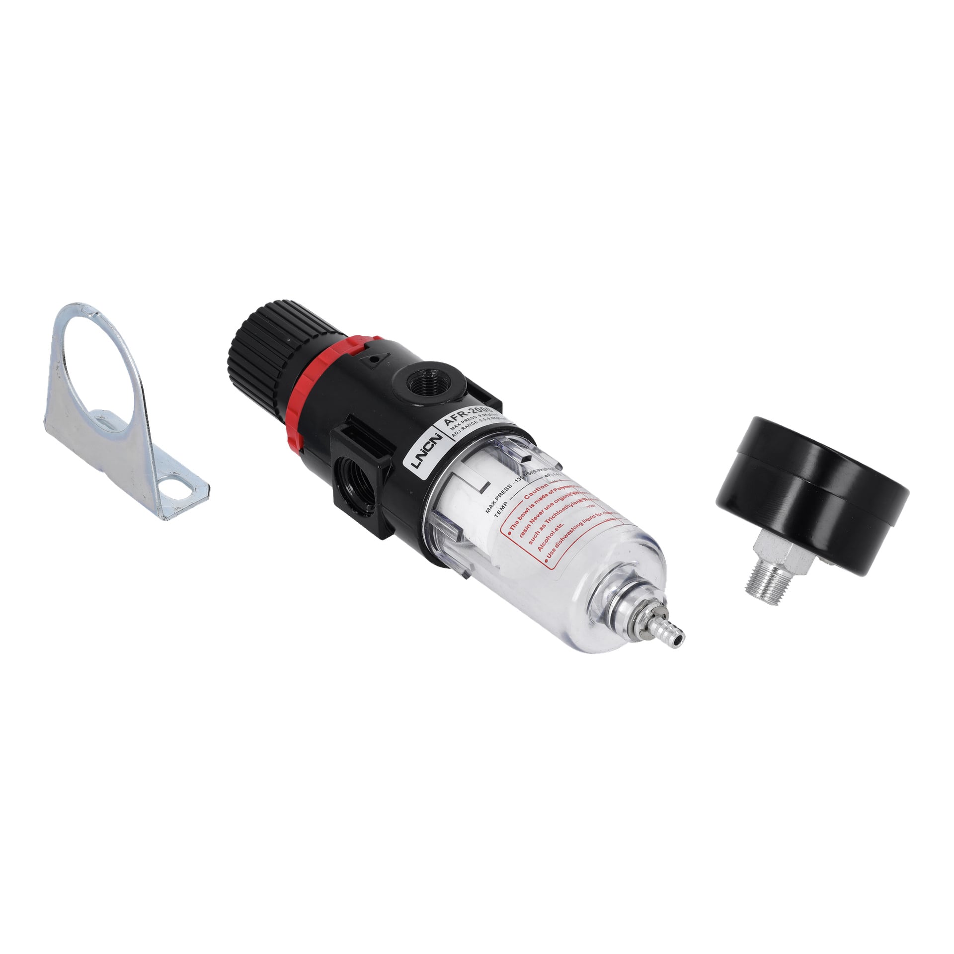 Pressure Regul Valve F. 022955 har ett metallfäste, AFR-2000 luftregulator med klart vattenlås och svart mätare.