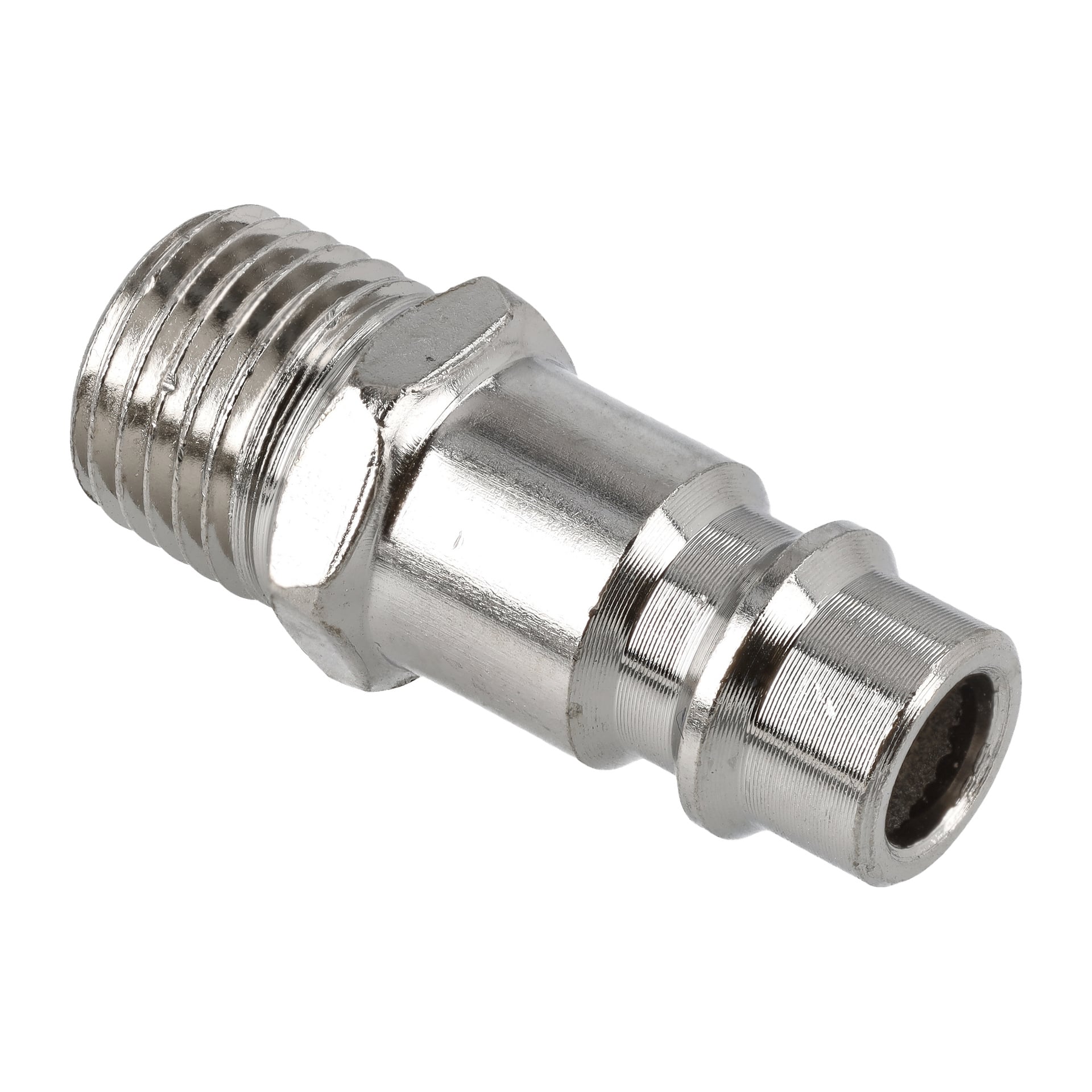 Närbild av Coupling Straight F. 022955, en blank metallpneumatisk koppling med gängad vänster ände och räfflad kontakt på höger sida.
