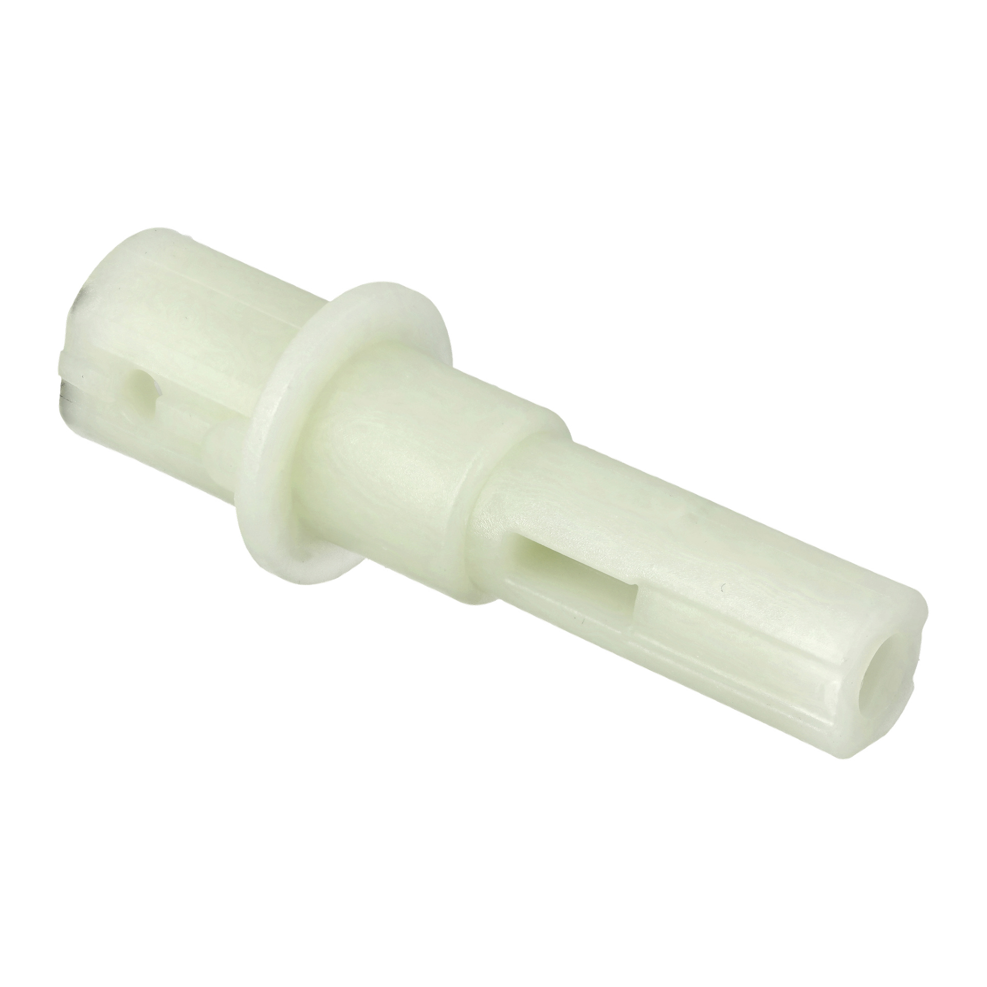 En genomskinlig vit plastcylindrisk pinne märkt Drive F. Brush Axle F. 022198, med en central fläns och slitsade sidor.