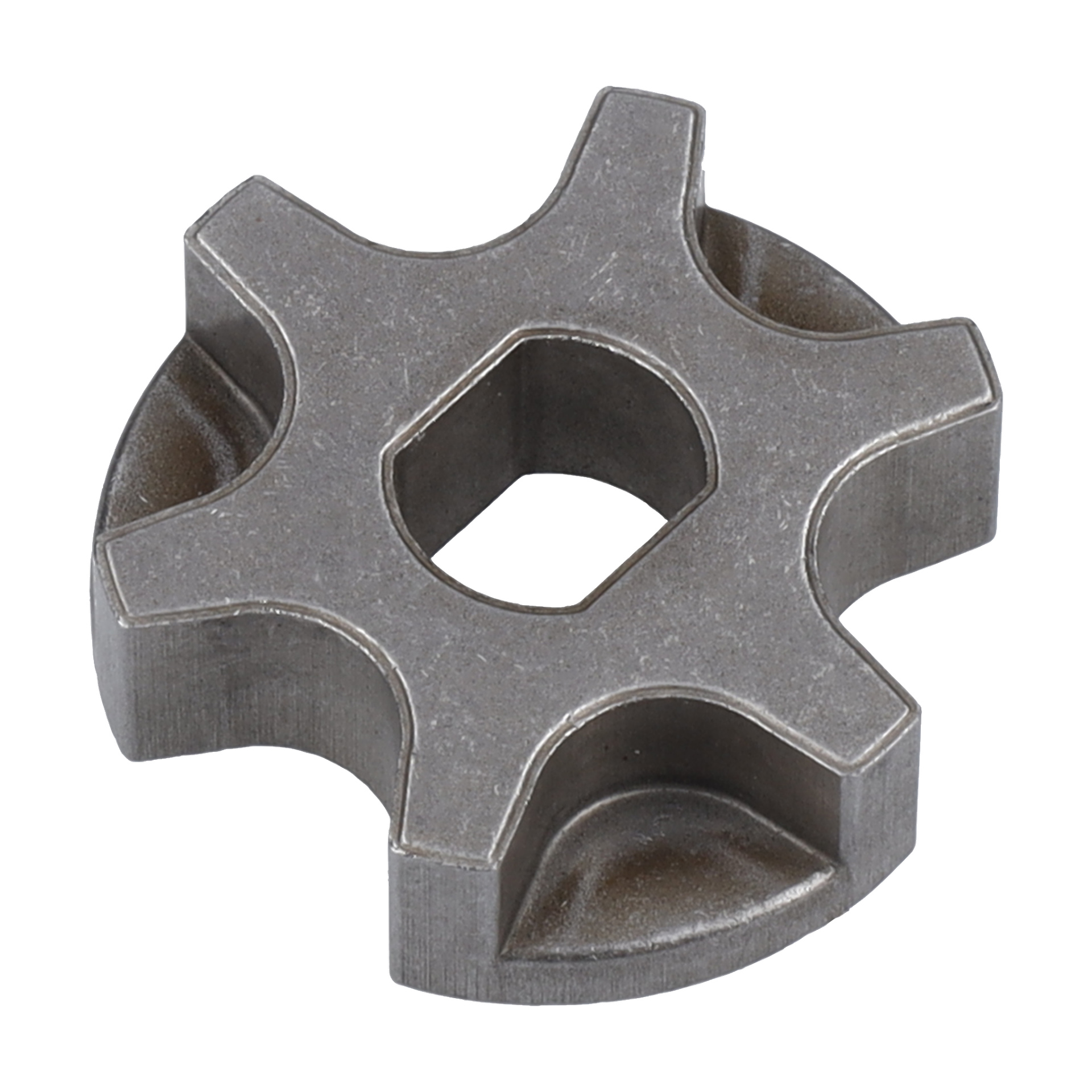 Kedjedrift F. 013185 är en metallbit med ett sexkantigt mitthål med fem rundade, kugghjulsliknande utskott.