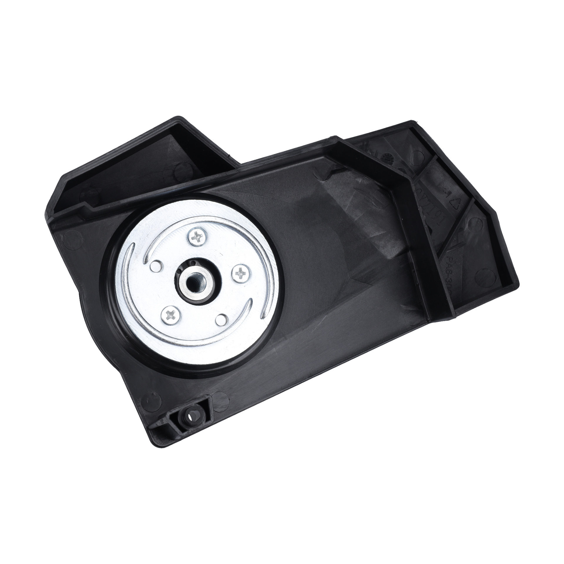 Chain Tensioner F. 013185 är en svart plastdel till en bil med en synlig cirkulär metallsektion och tre skruvar.