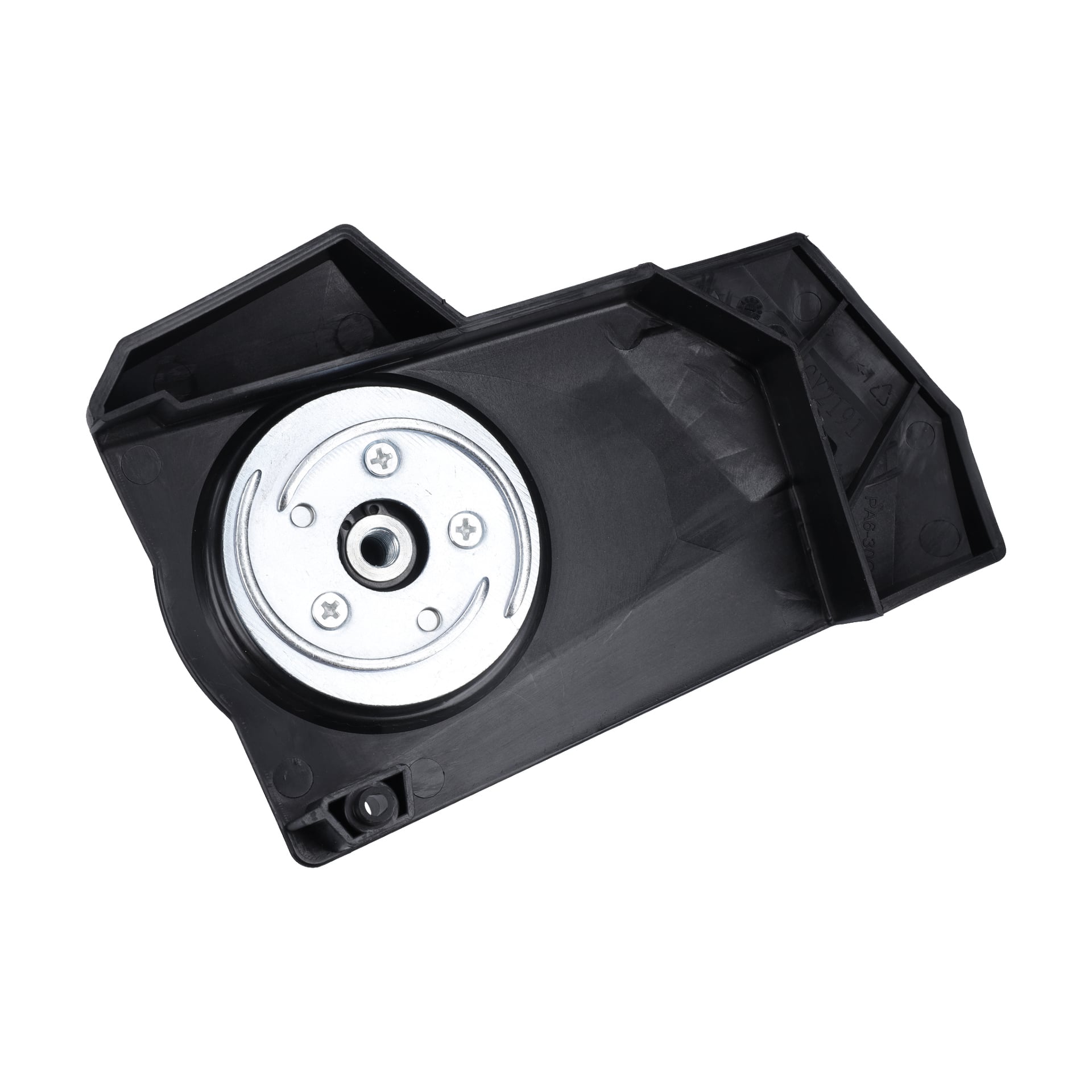 Chain Tensioner F. 013185 är en svart plastdel till en bil med en synlig cirkulär metallsektion och tre skruvar.