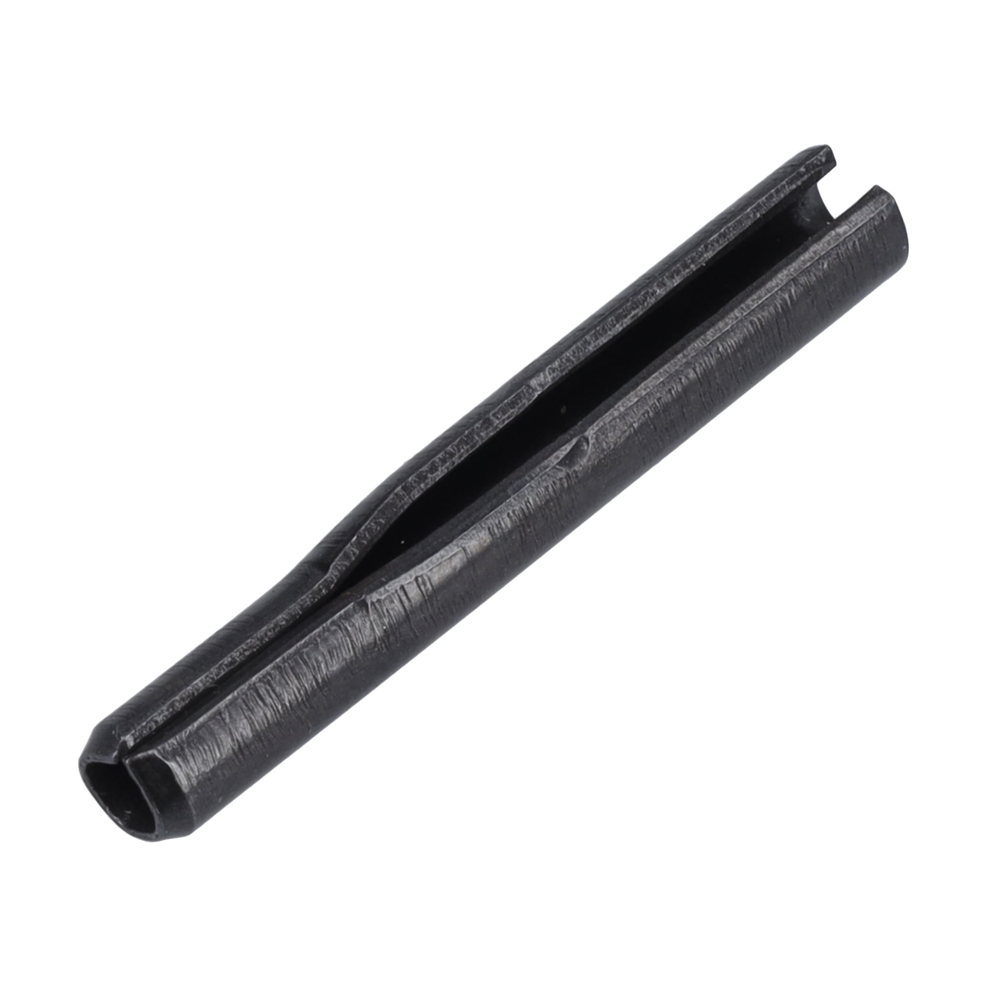 Närbild av Tension Pin F. 022277, en svart metallfjädernål med längdgående slits, fasade ändar och matt textur.